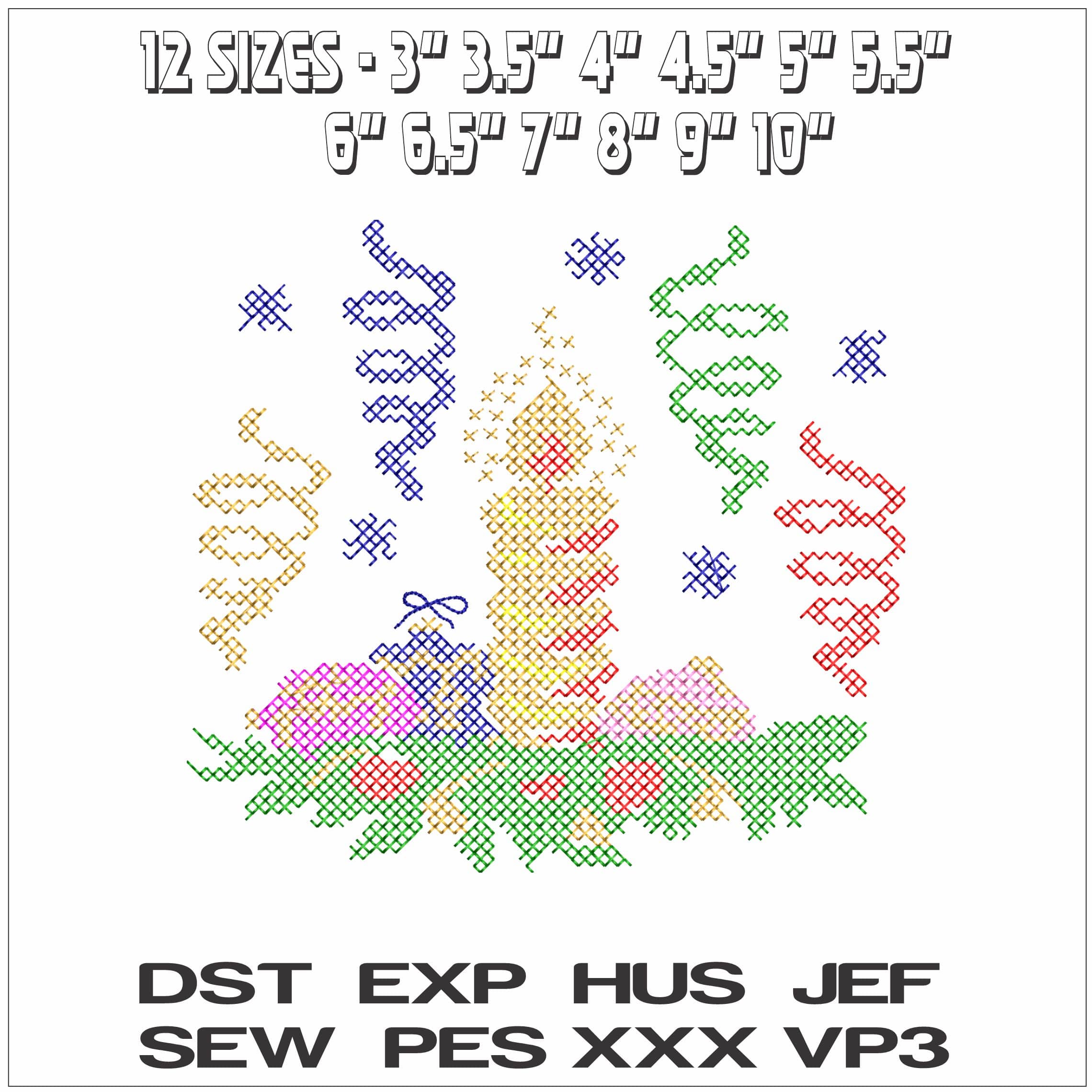 Christmas Candle Cross stitch style- Elegant embroidery design file - instant download — view 2
