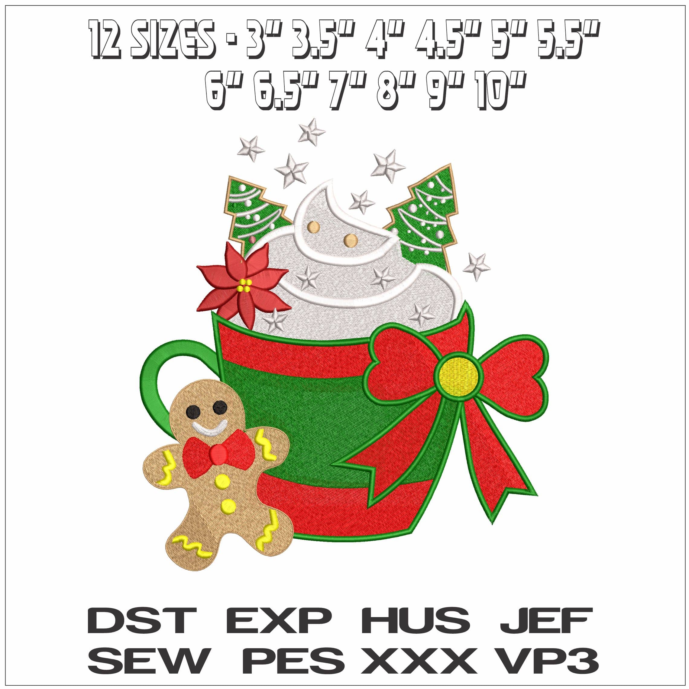Christmas Colors Mug Hot Chocolate and Gingerbread man- Elegant embroidery design file - instant download — view 2