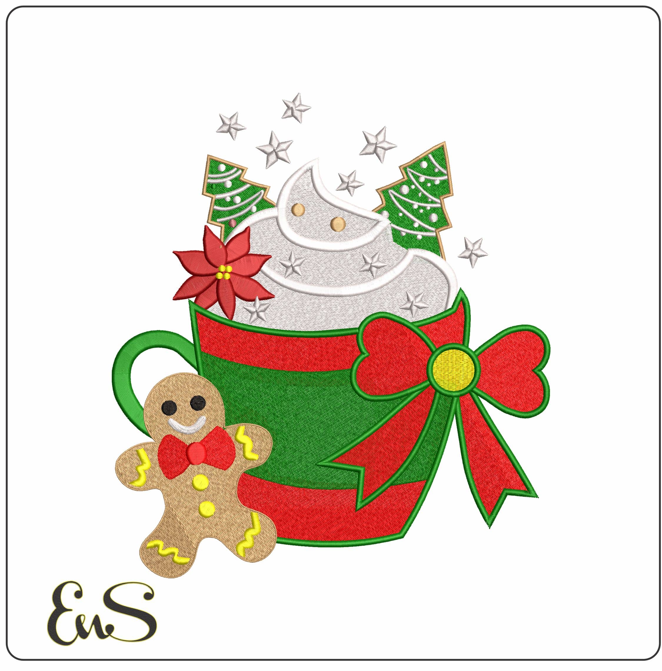 Christmas Colors Mug Hot Chocolate and Gingerbread man- Elegant embroidery design file - instant download