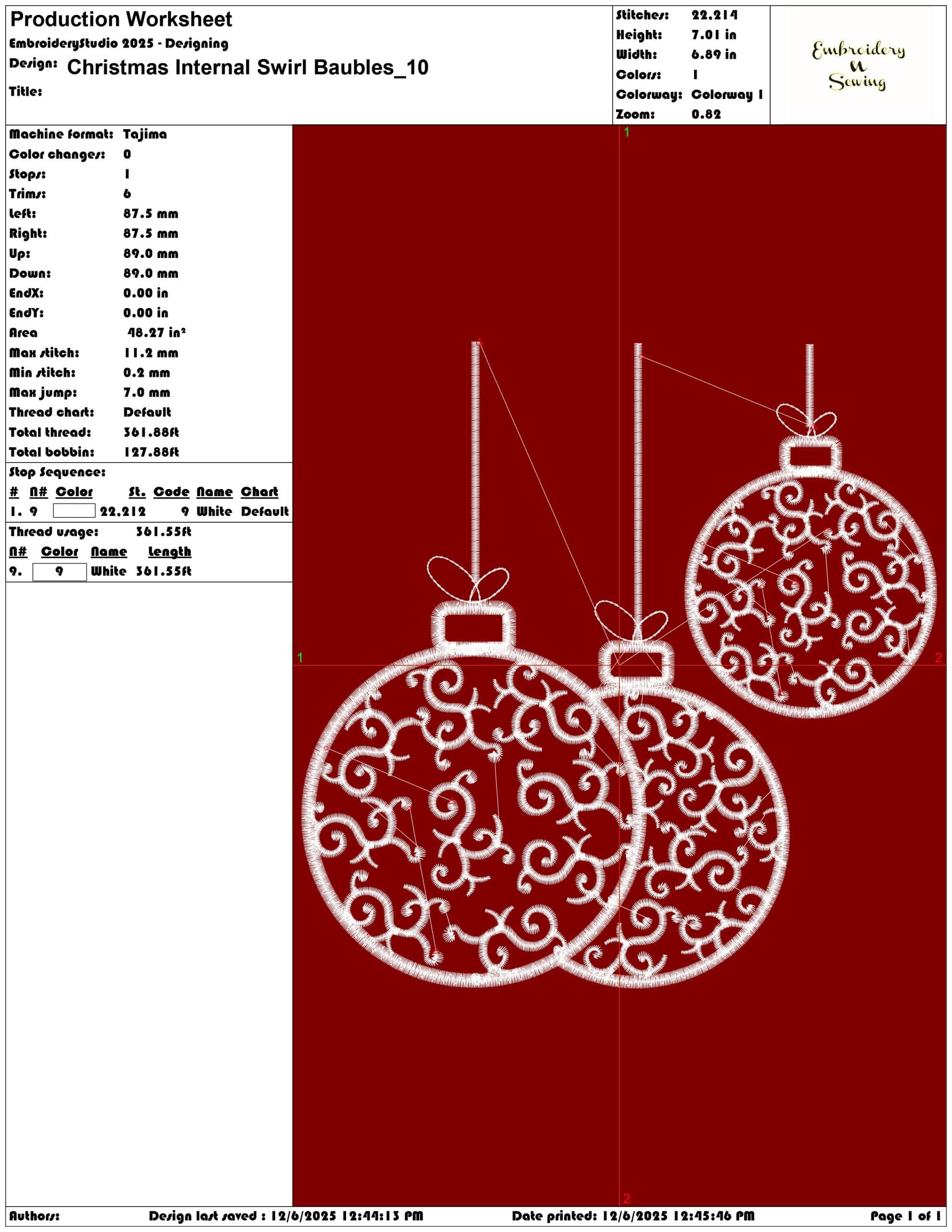 Christmas Internal Swirl Baubles- Elegant embroidery design file - instant download — view 3