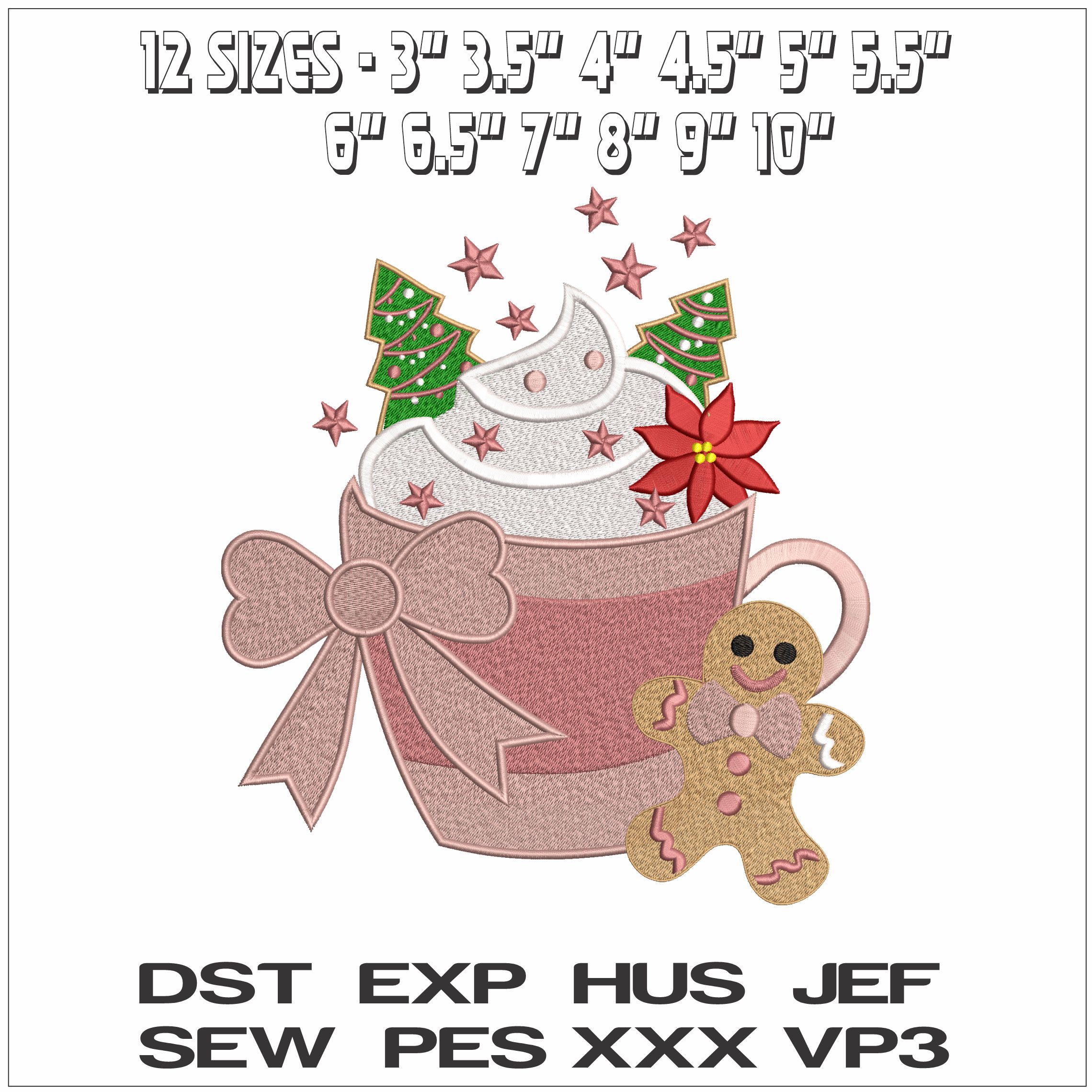 Christmas Mug Hot Chocolate and Gingerbread man- Elegant embroidery design file - instant download — view 2
