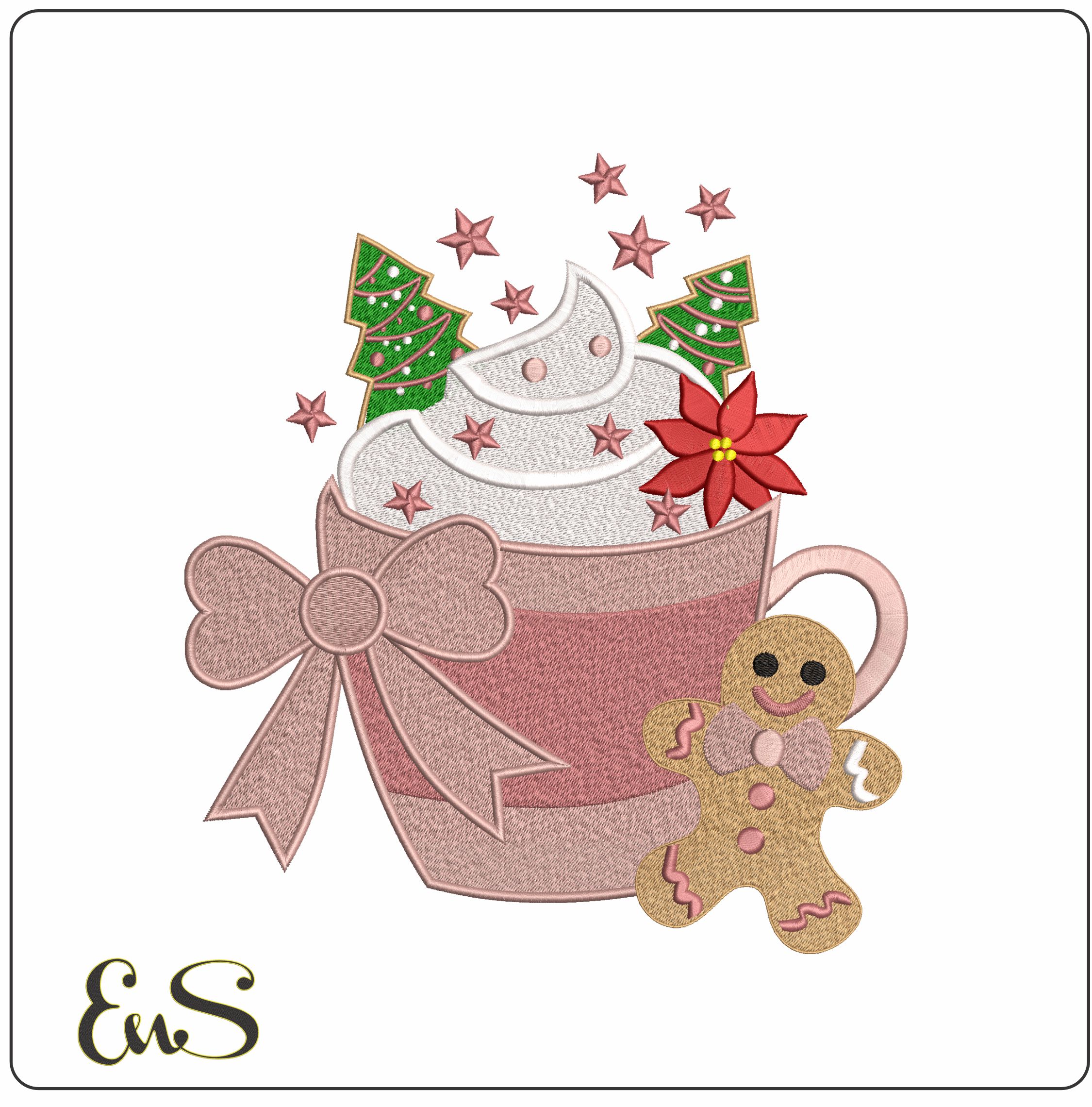 Christmas Mug Hot Chocolate and Gingerbread man- Elegant embroidery design file - instant download