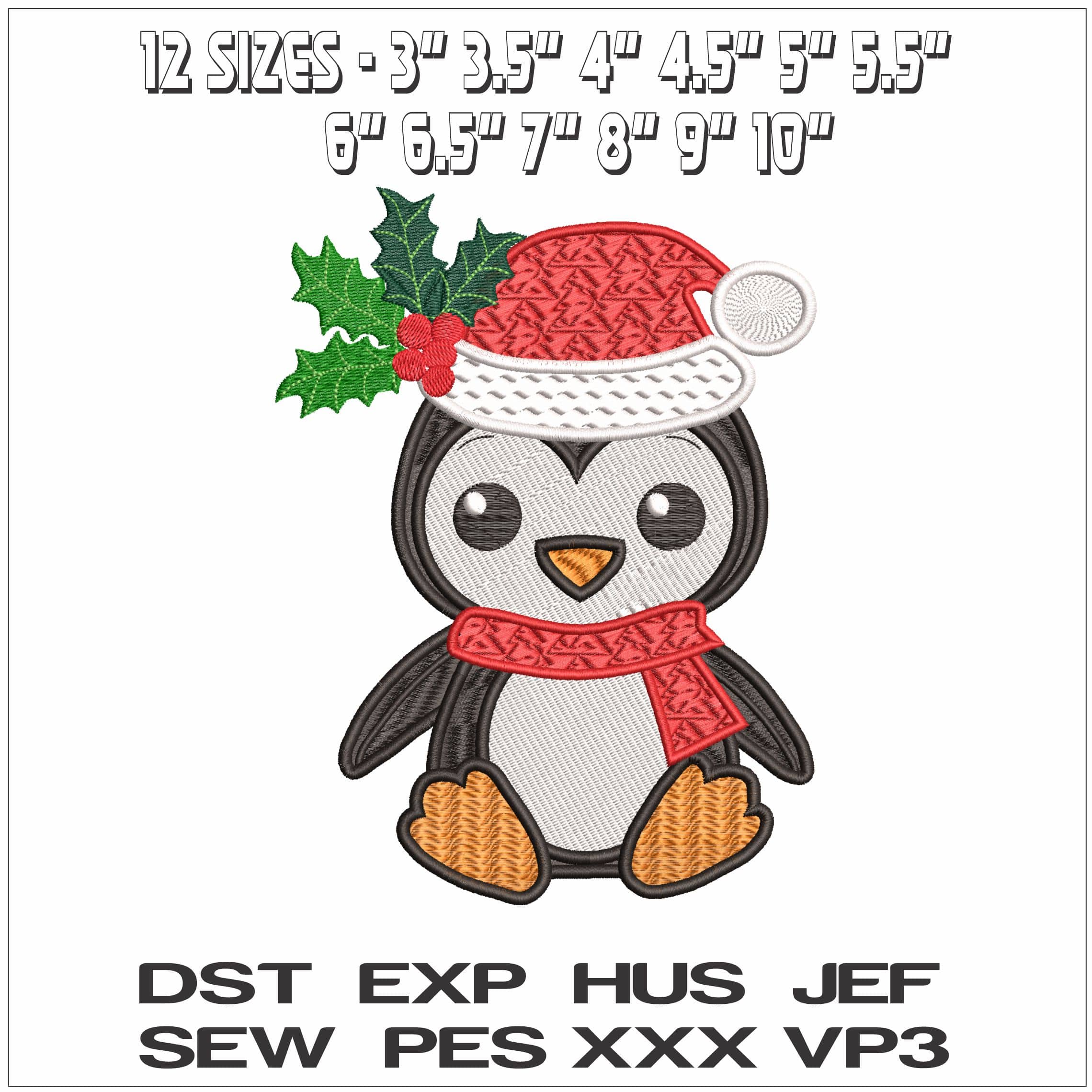 Christmas Penguin with Holly on Hat- Elegant embroidery design file - instant download — view 2