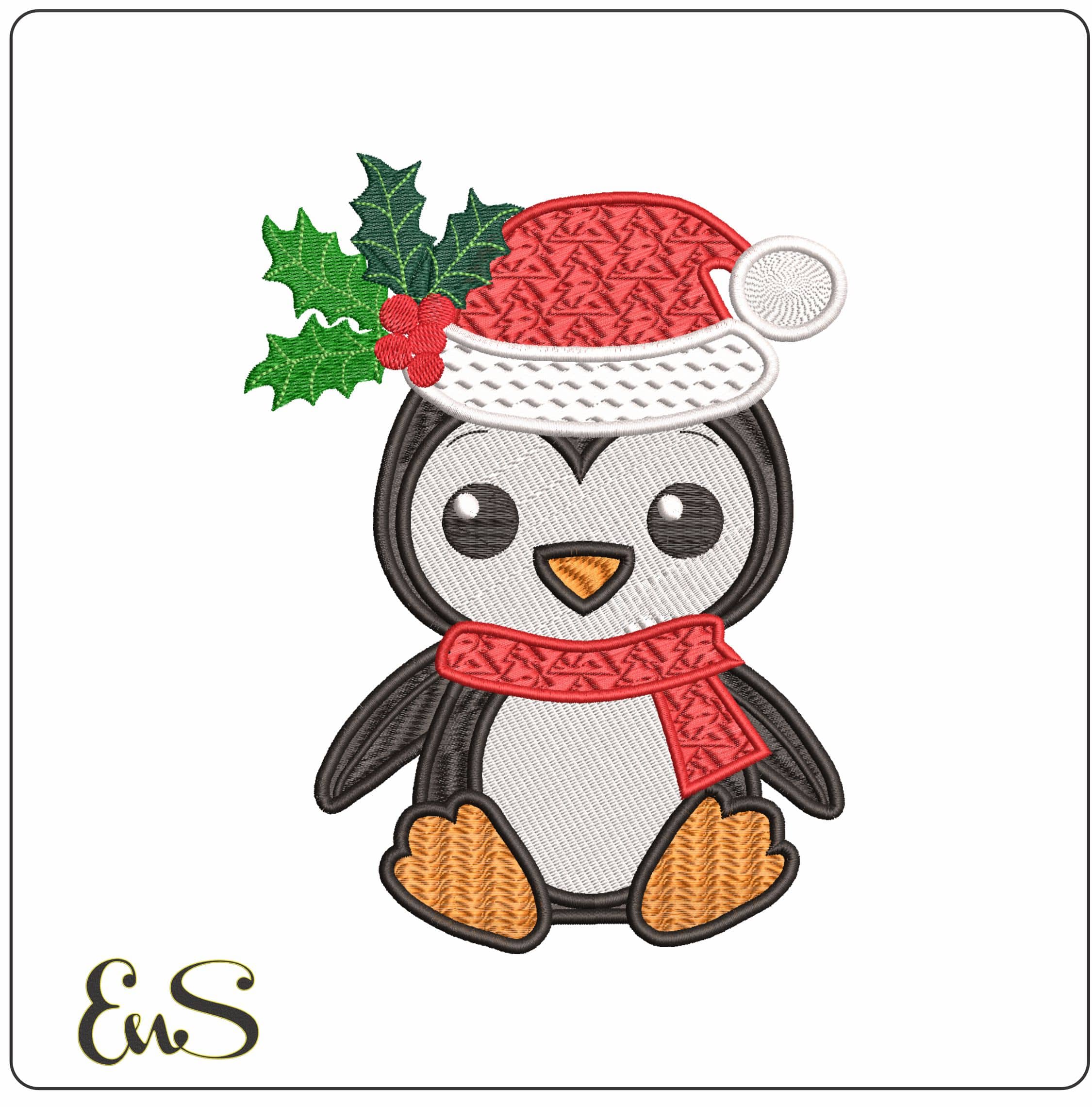 Christmas Penguin with Holly on Hat- Elegant embroidery design file - instant download