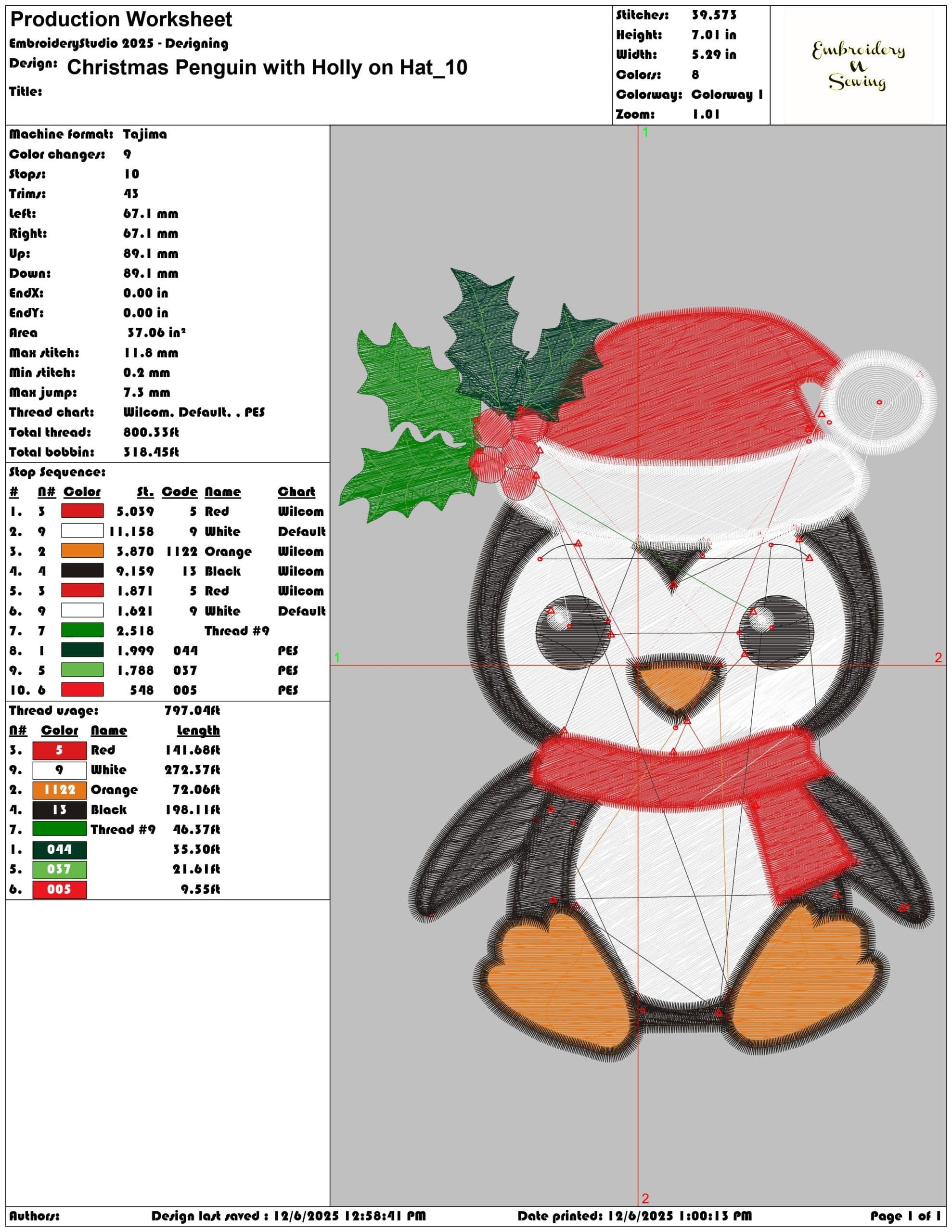Christmas Penguin with Holly on Hat- Elegant embroidery design file - instant download — view 3