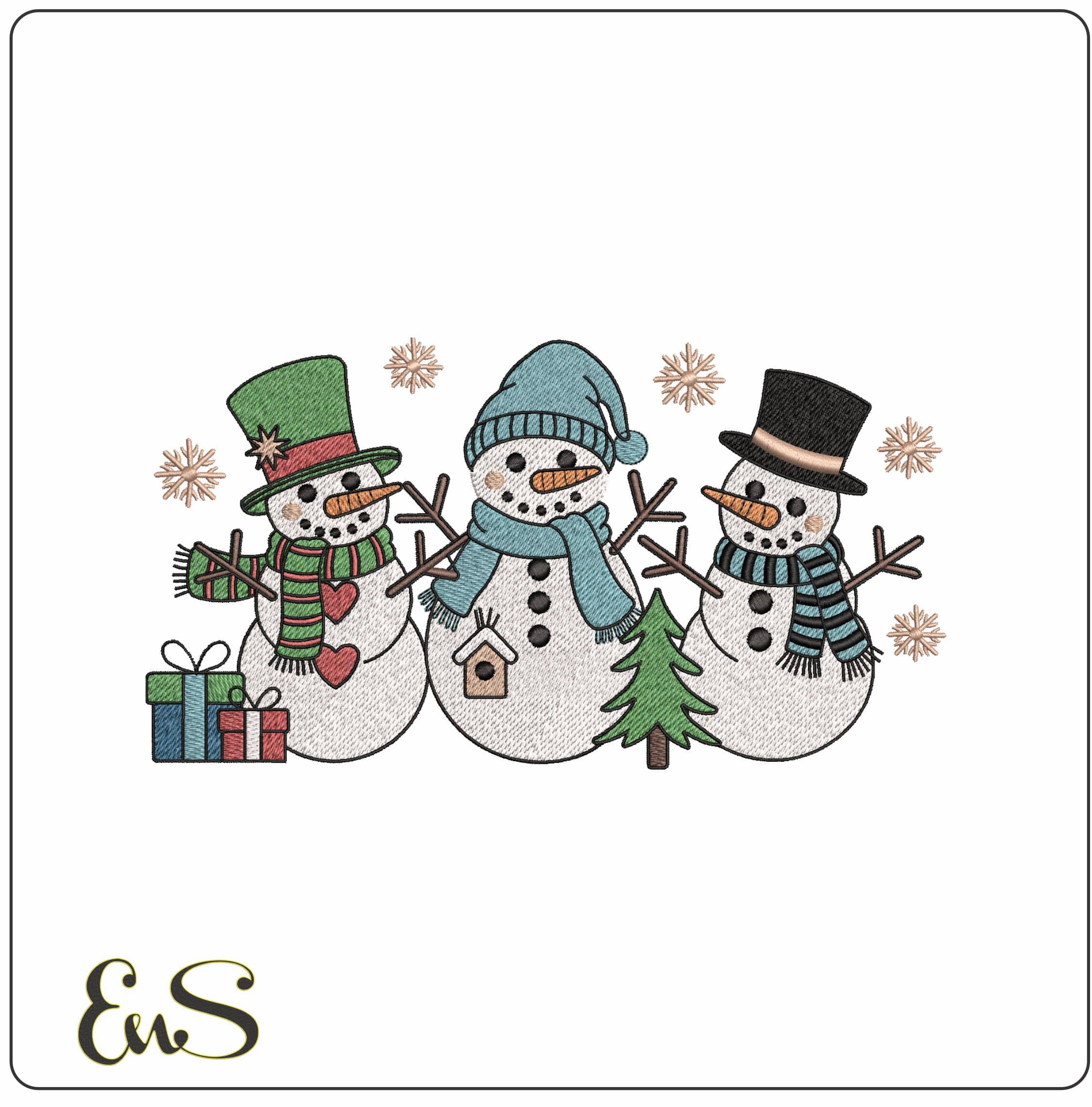 Christmas Snowmen with Presents- Elegant embroidery design file - instant download