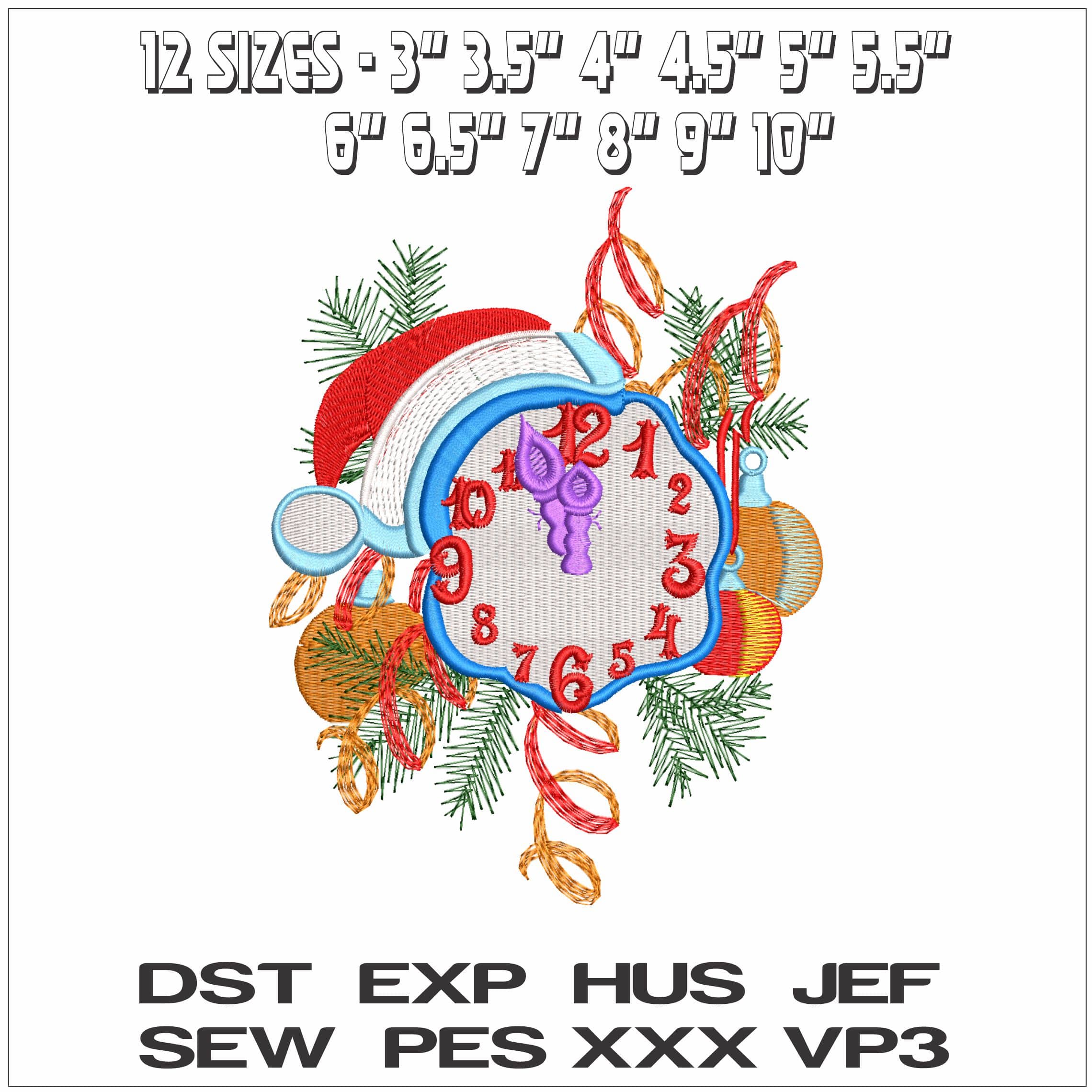 Clock with Xmas Hat- Elegant embroidery design file - instant download — view 2