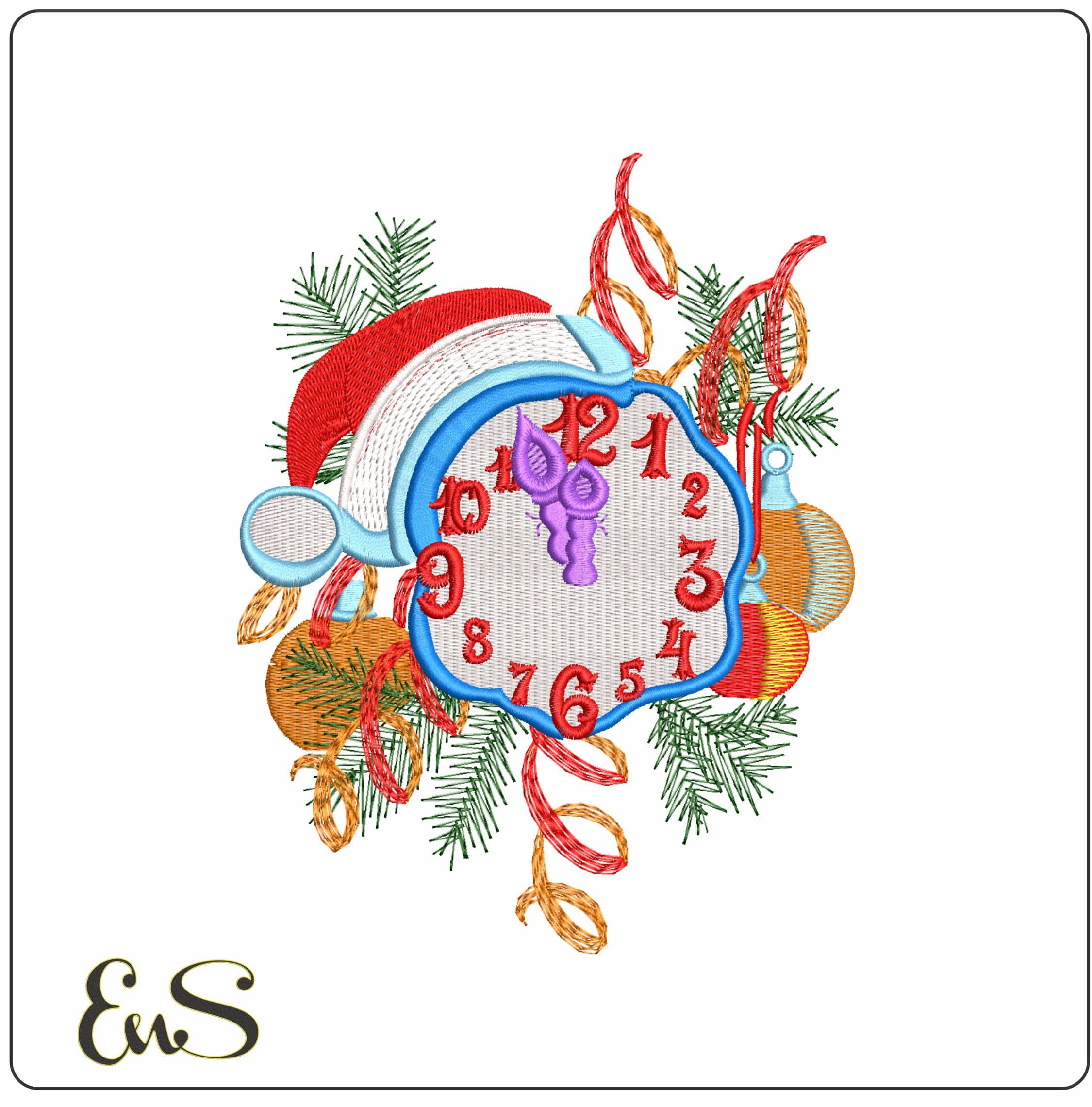 Clock with Xmas Hat- Elegant embroidery design file - instant download