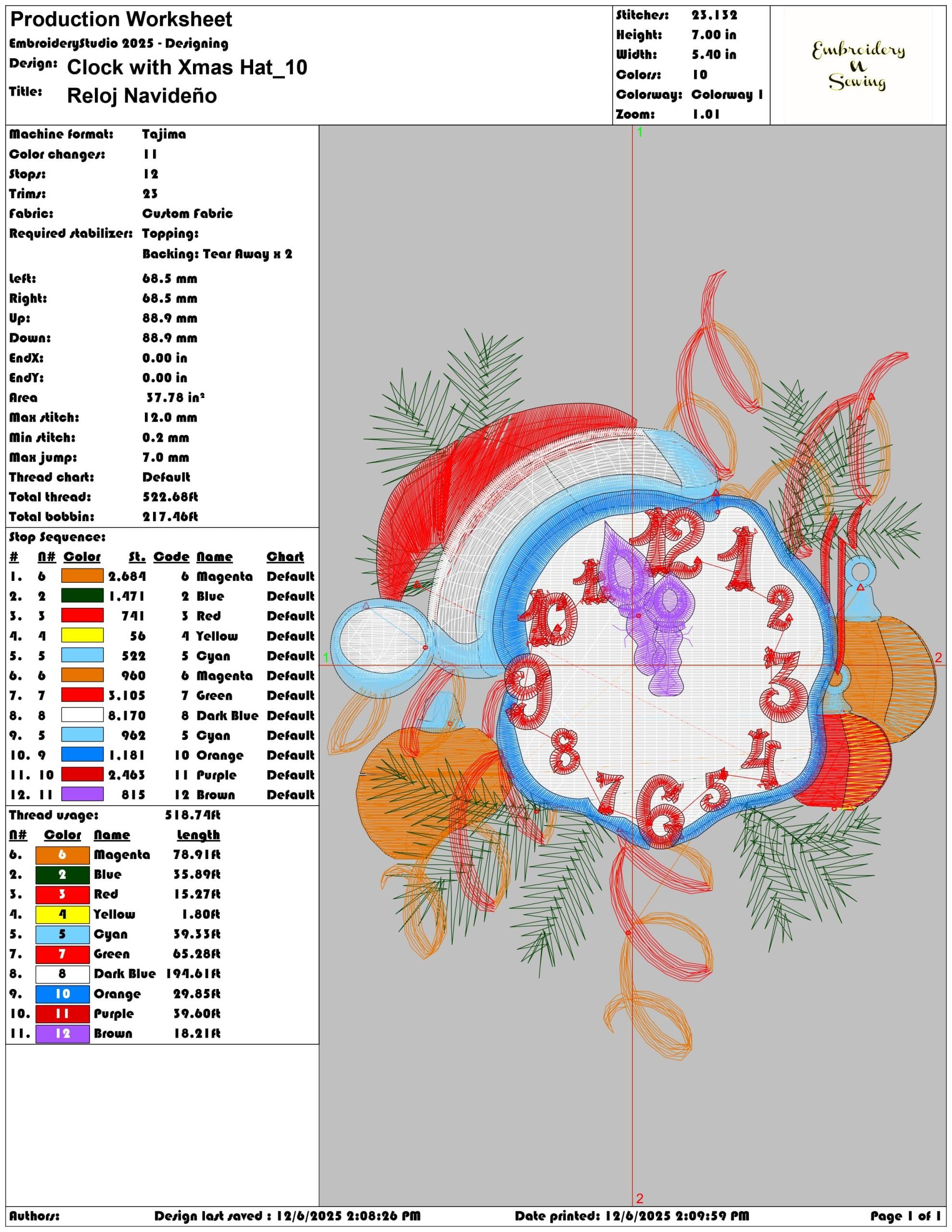 Clock with Xmas Hat- Elegant embroidery design file - instant download — view 3