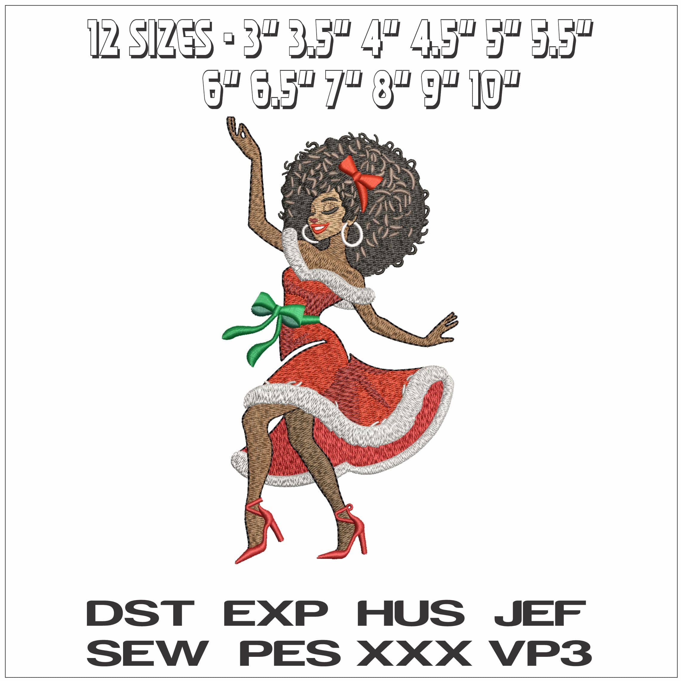 Dancing Black Lady in Christmas Dress- Elegant embroidery design file - instant download — view 2
