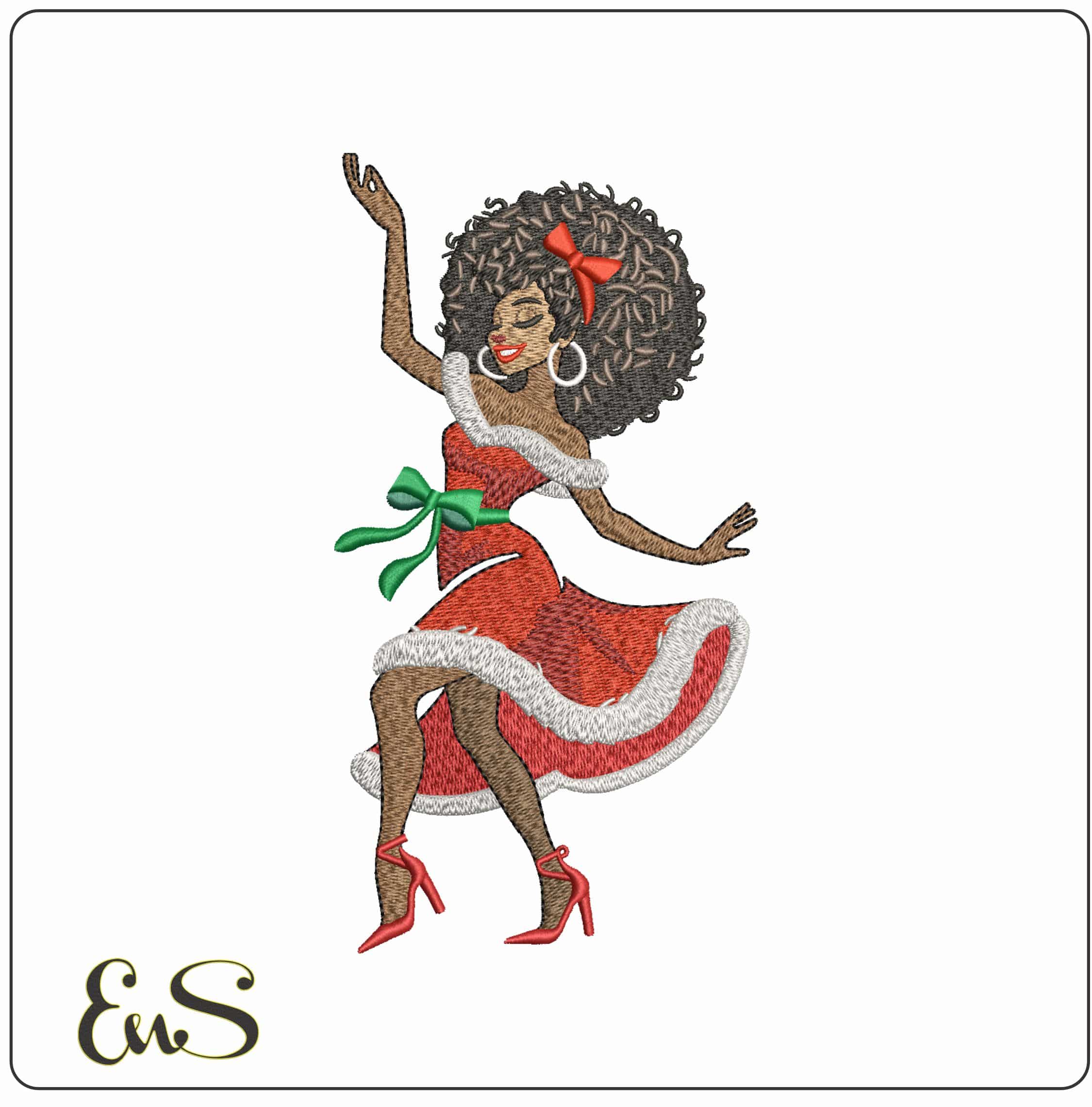 Dancing Black Lady in Christmas Dress- Elegant embroidery design file - instant download