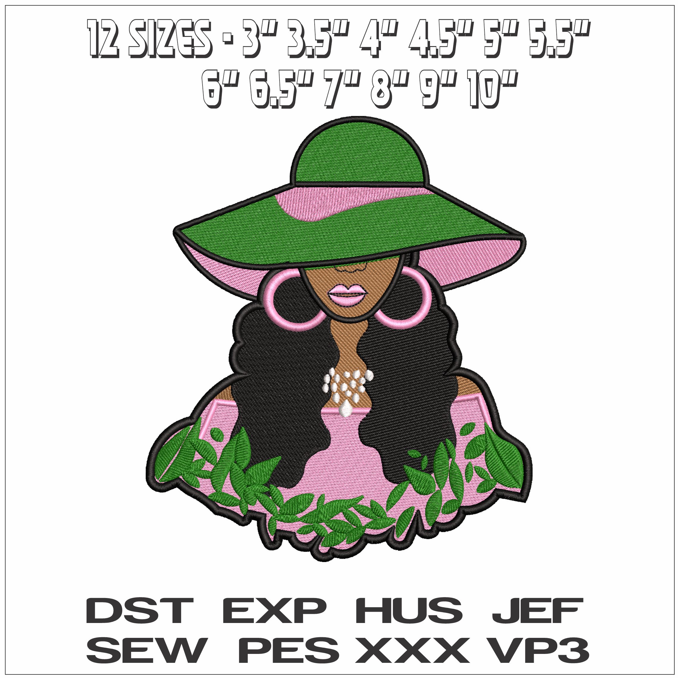 Afro Woman with Hat and leaves - Elegant embroidery design file - instant download — view 2