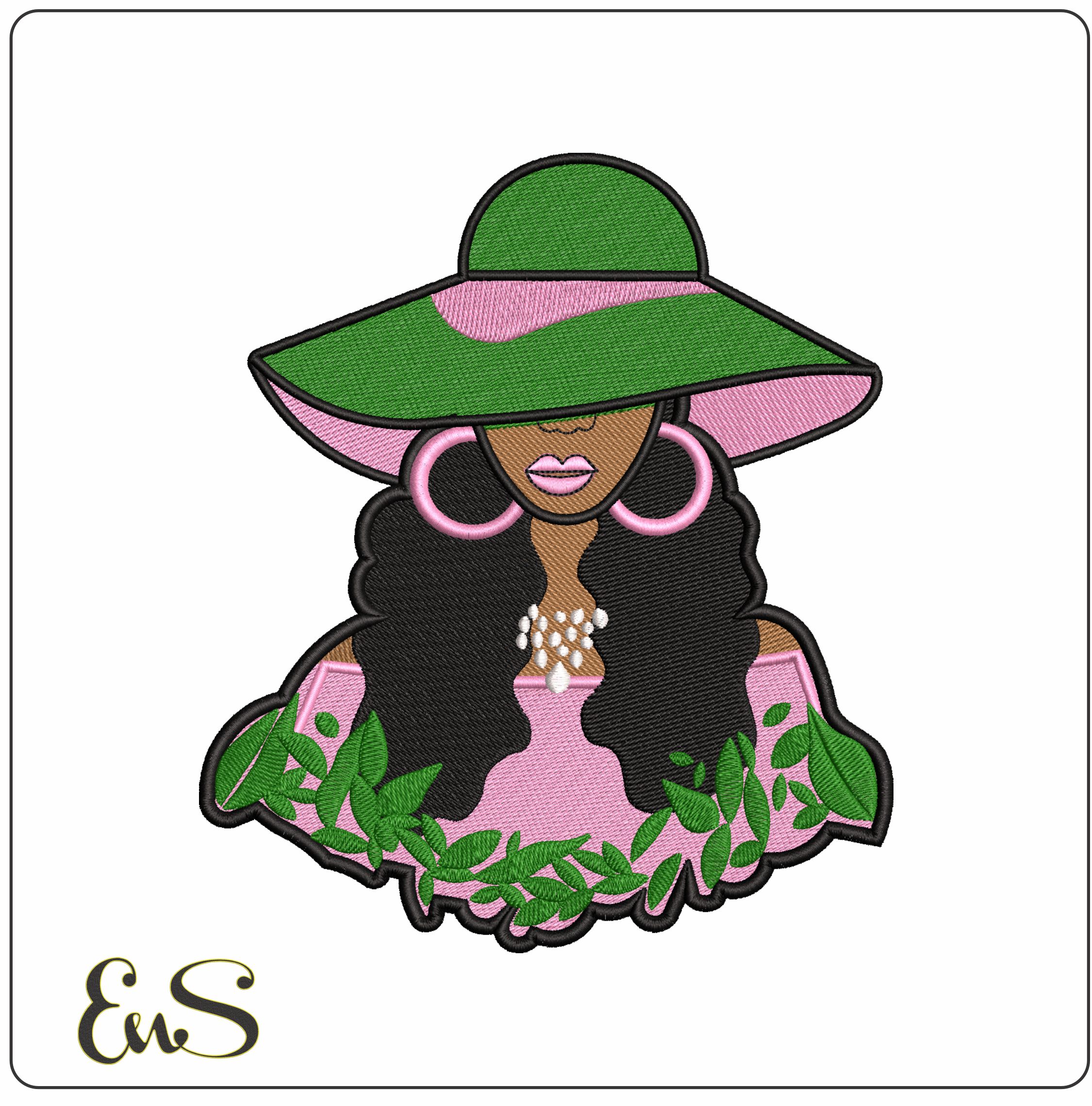 Afro Woman with Hat and leaves - Elegant embroidery design file - instant download