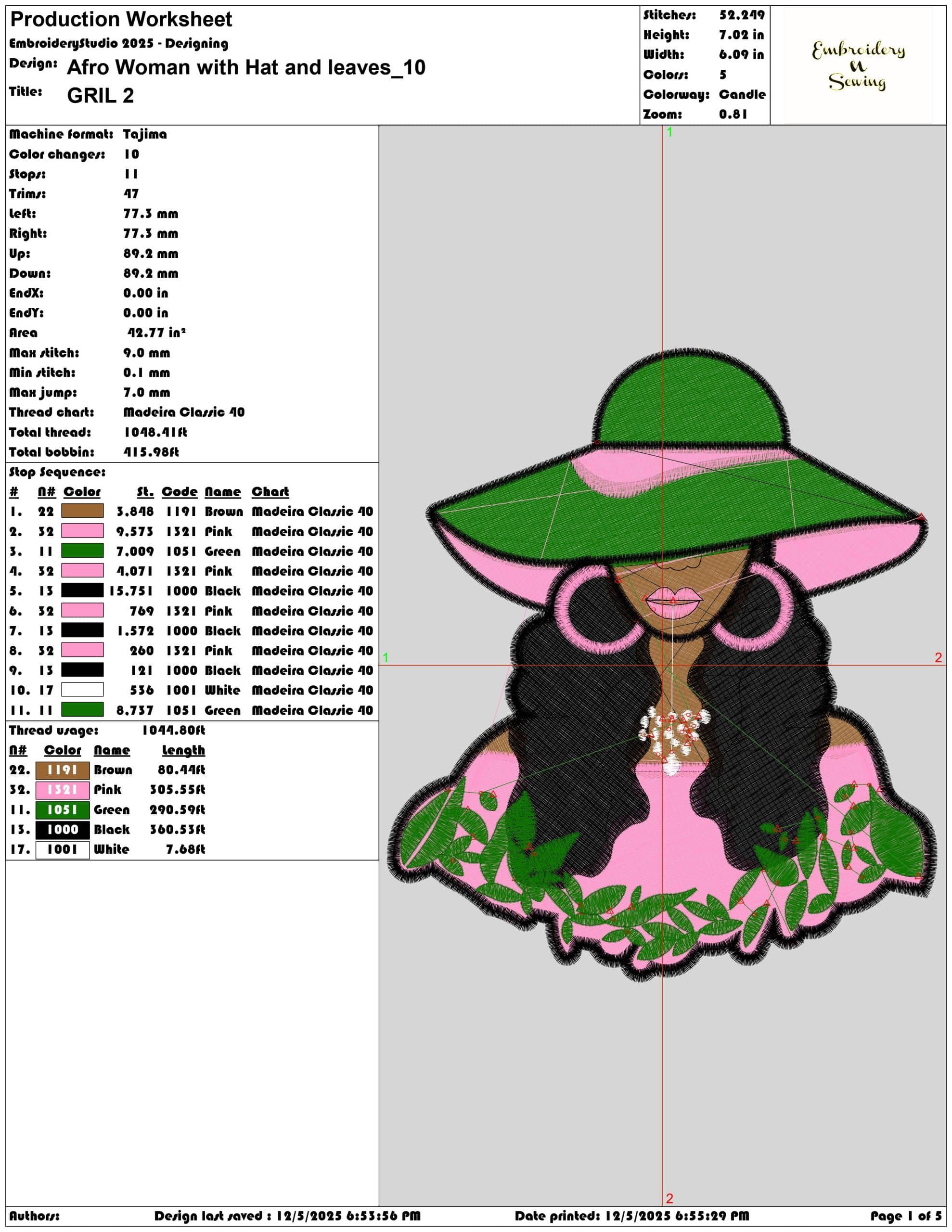 Afro Woman with Hat and leaves - Elegant embroidery design file - instant download — view 3