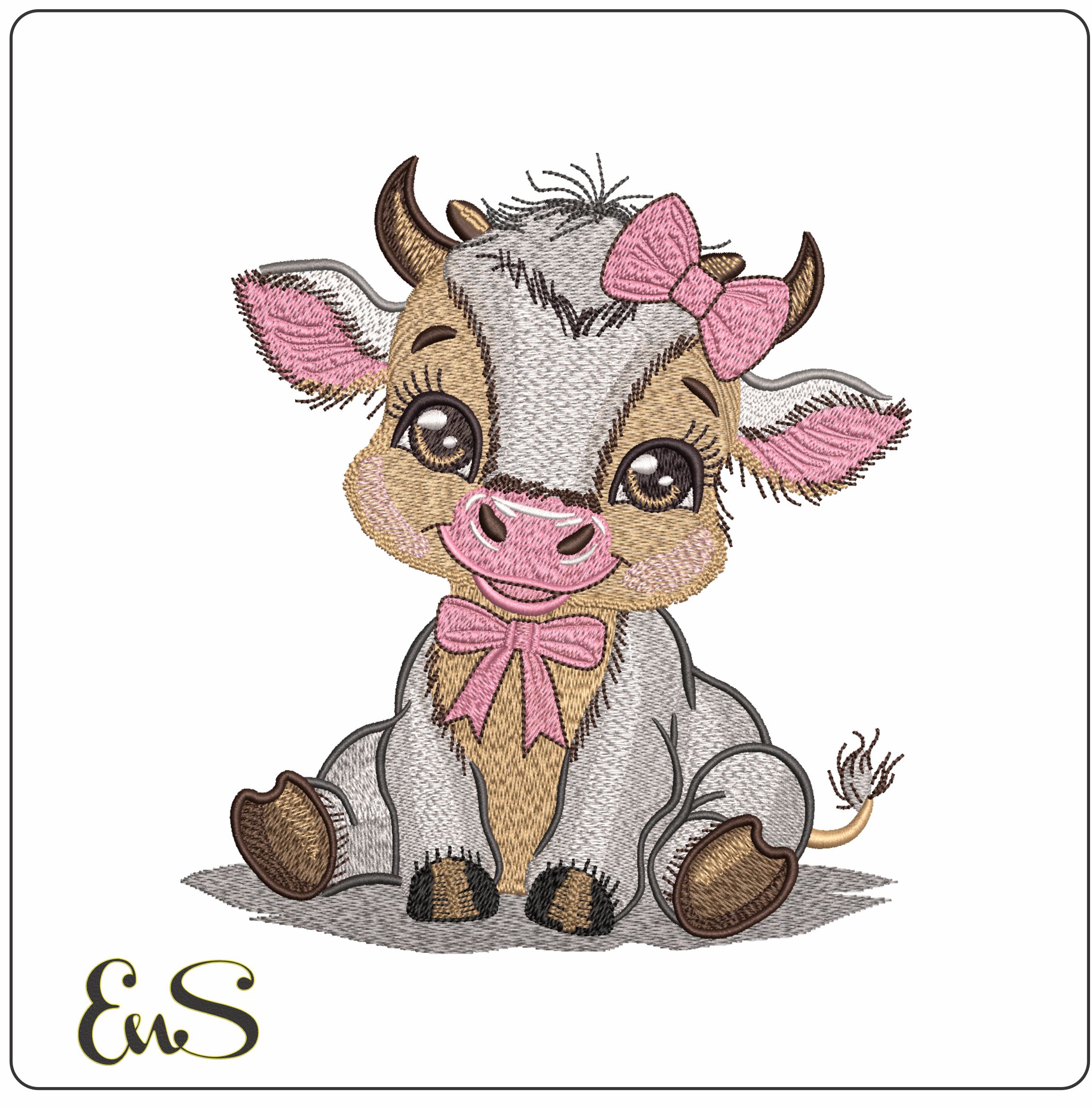 Baby Cow with bow- Elegant embroidery design file - instant download
