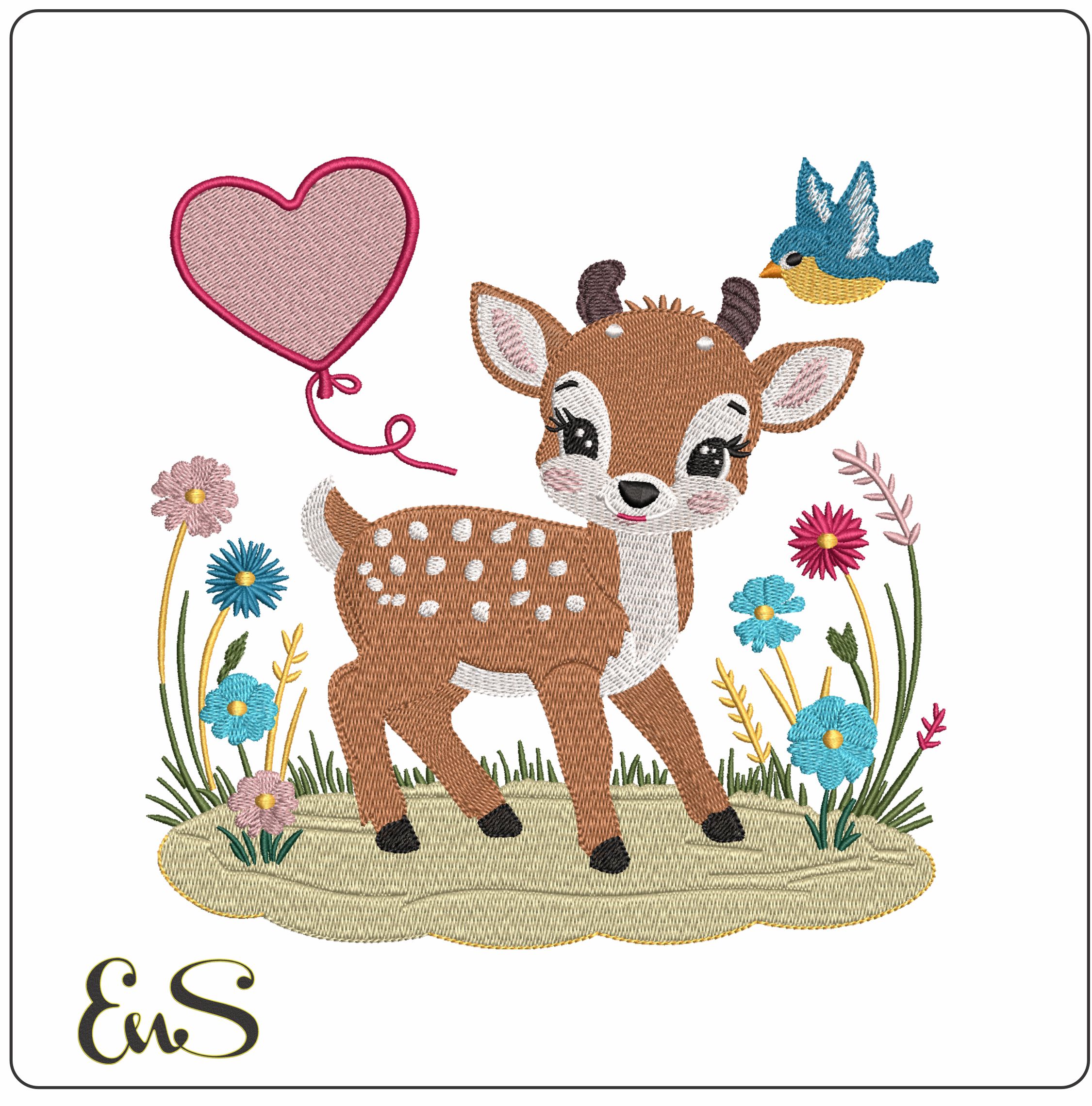 Baby Deer With Flowers- Elegant embroidery design file - instant download