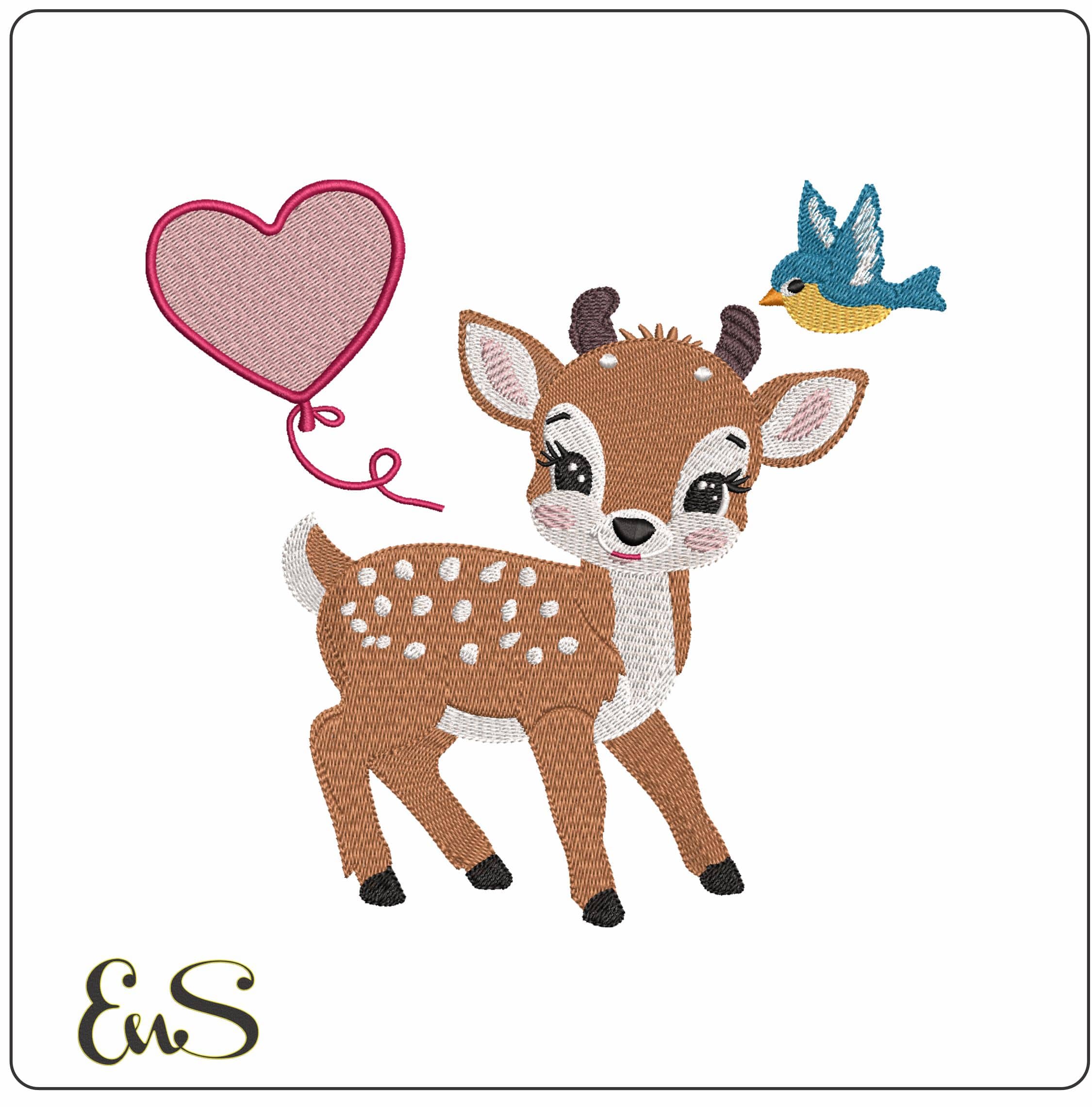 Baby Deer With Heart and Bird- Elegant embroidery design file - instant download