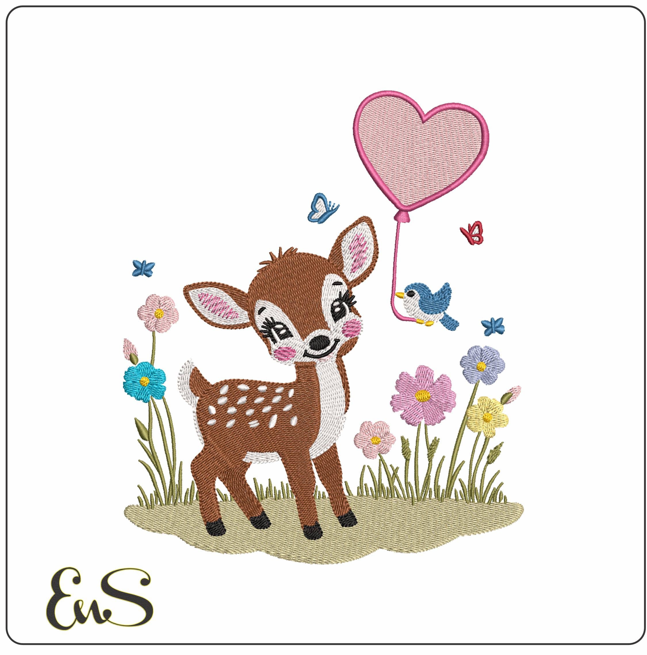 Baby Deer With Heart held by Bird- Elegant embroidery design file - instant download