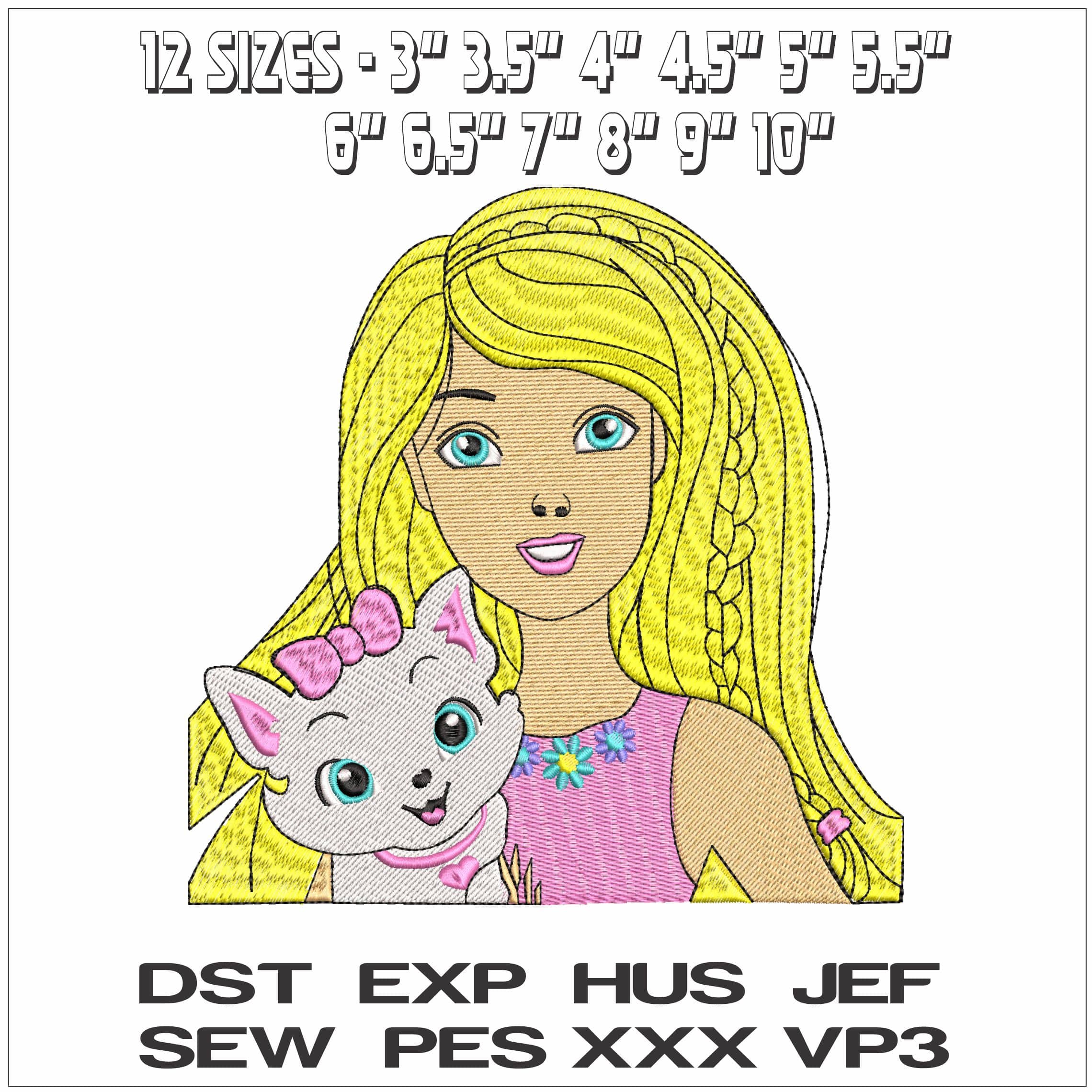 Barbie with Cat- Elegant embroidery design file - instant download — view 3