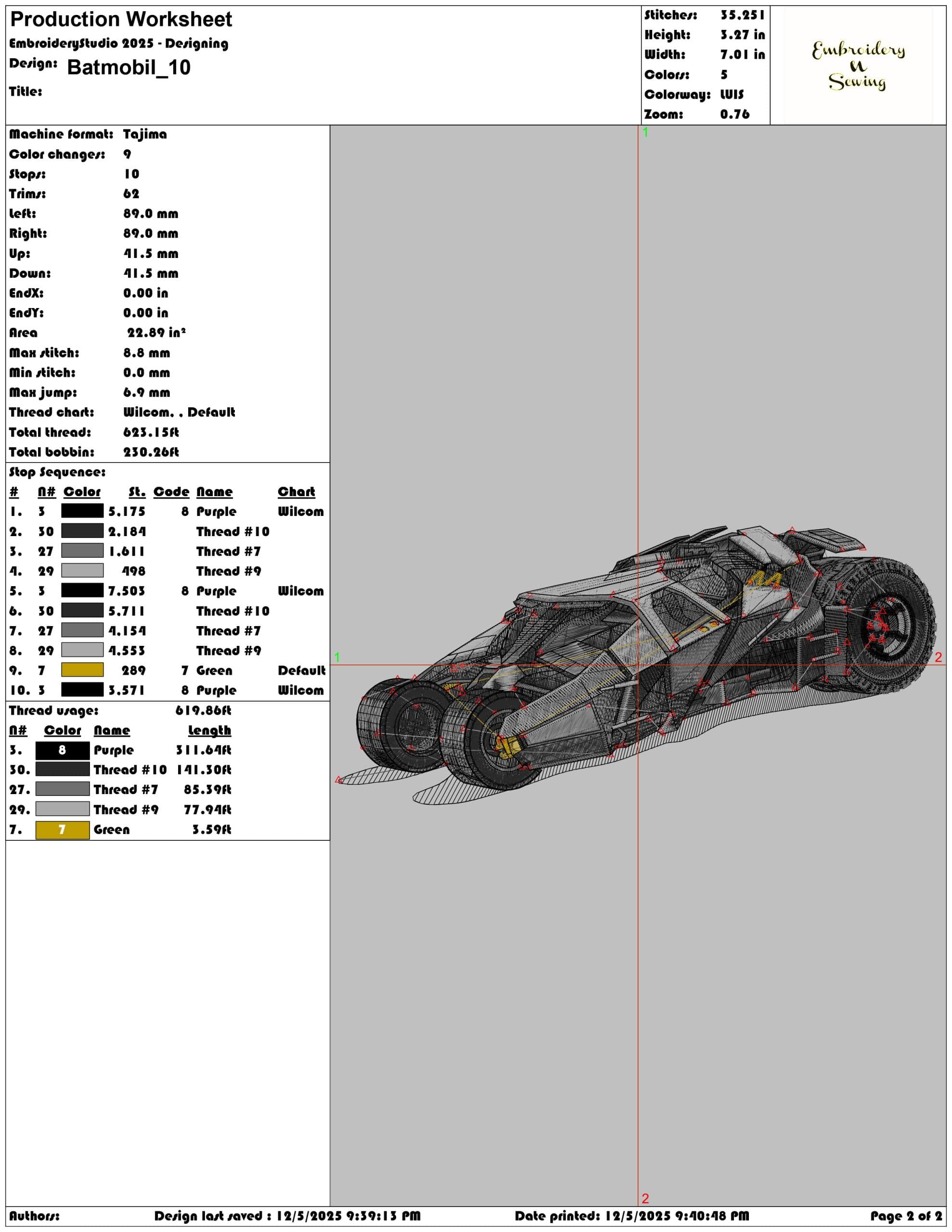 Batmobil- Elegant embroidery design file - instant download — view 3