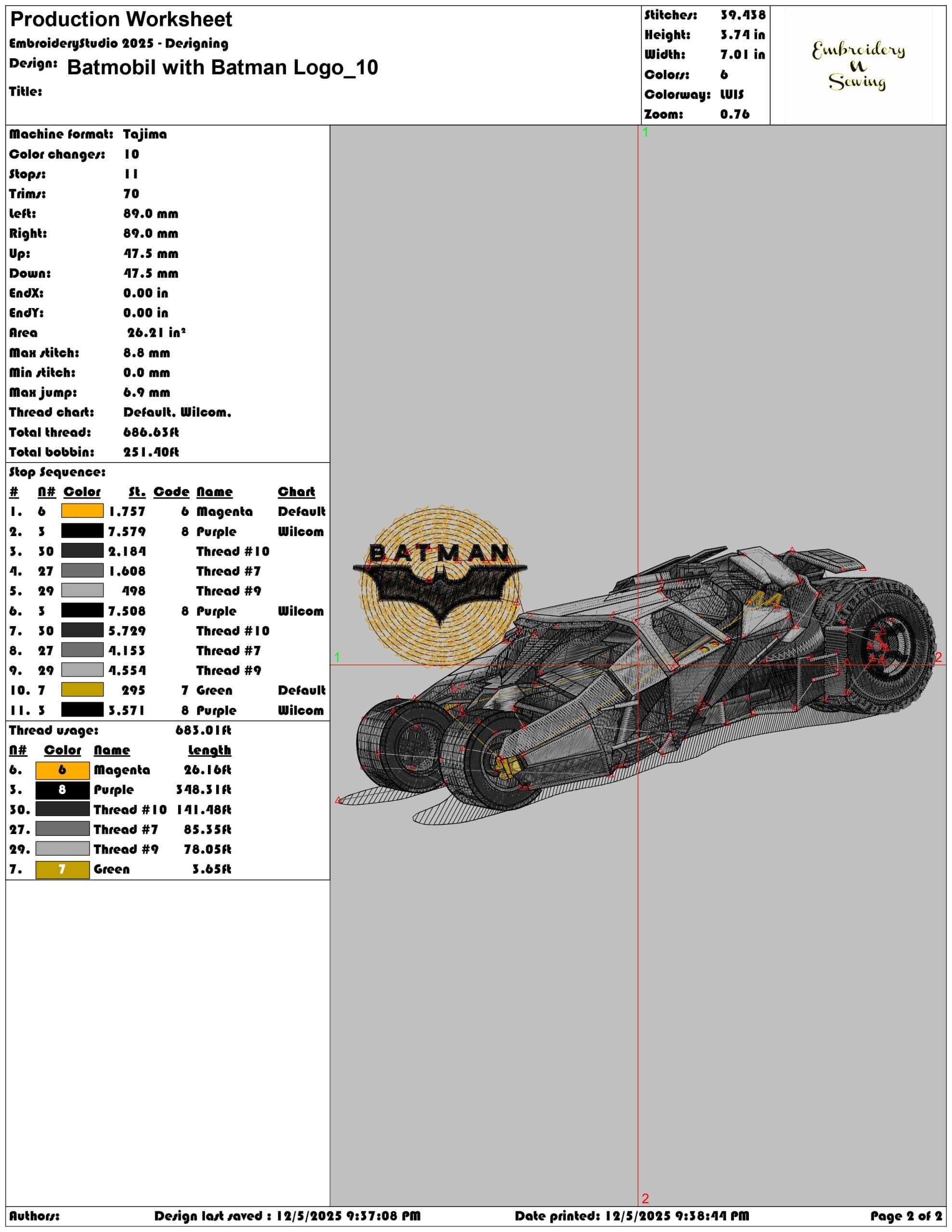 Batmobil with Batman Logo- Elegant embroidery design file - instant download — view 3