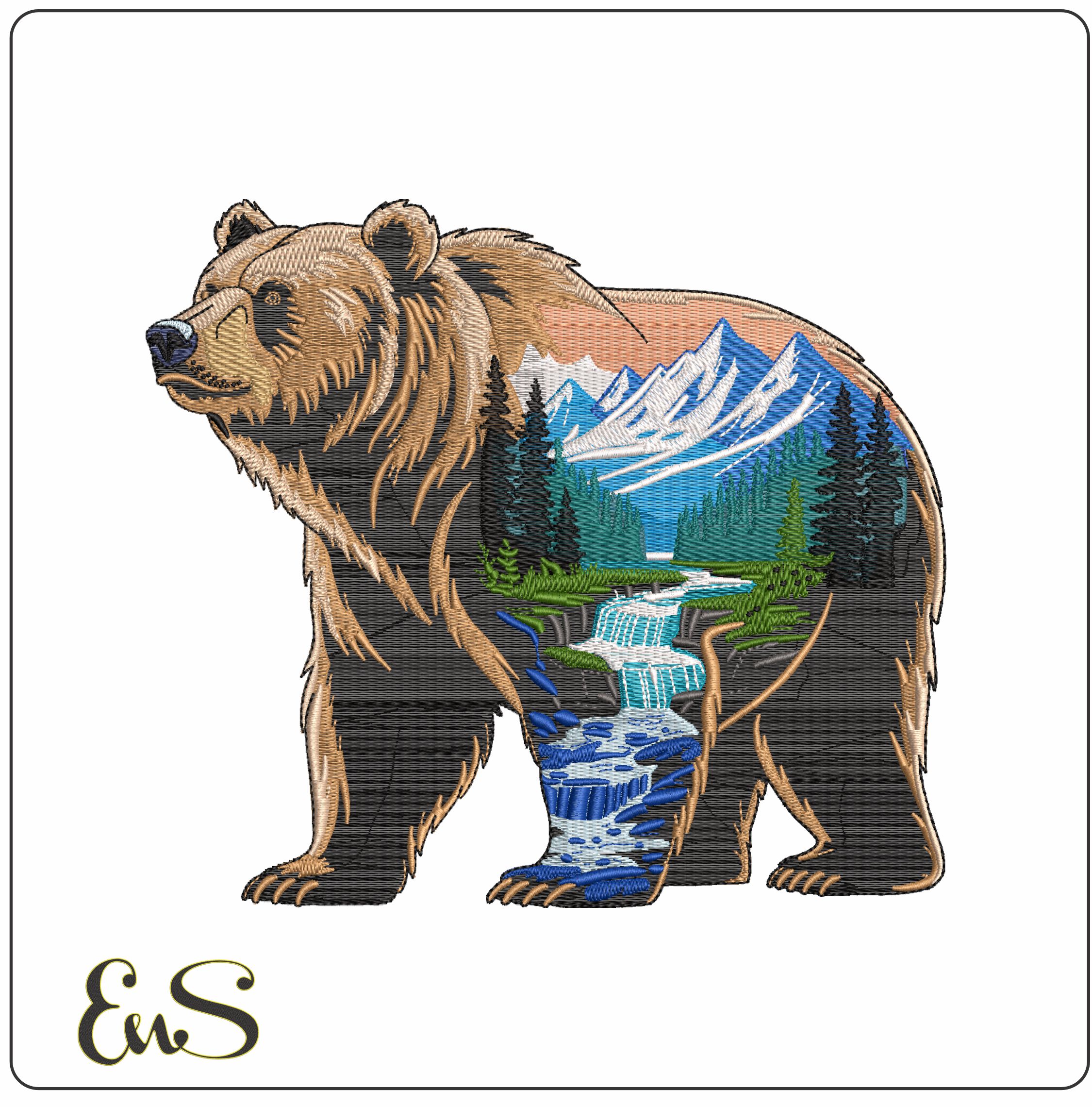 Bear with Scenery- Elegant embroidery design file - instant download