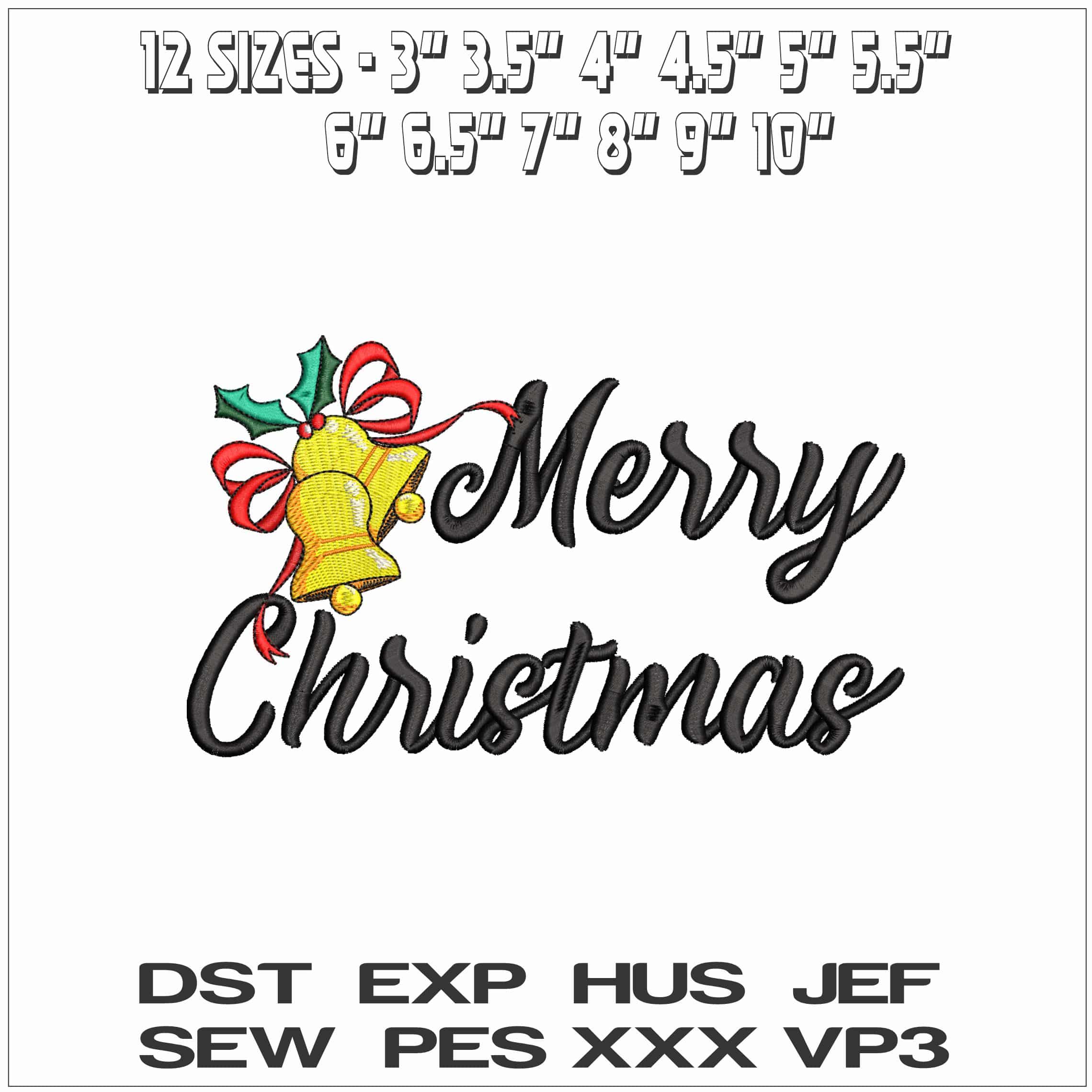 Bells Merry Christmas- Elegant embroidery design file - instant download — view 2