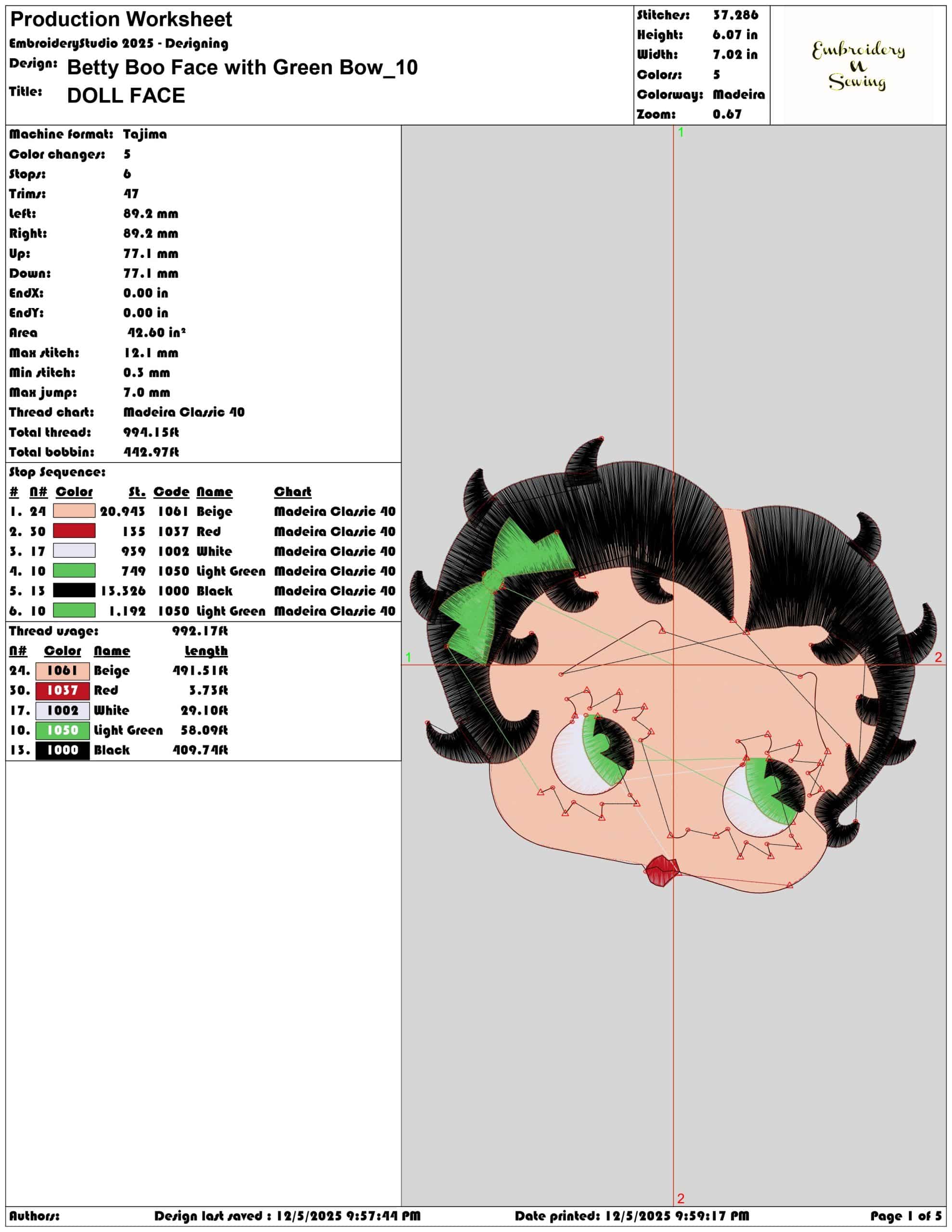 Betty Boo Face with Green Bow- Elegant embroidery design file - instant download — view 3