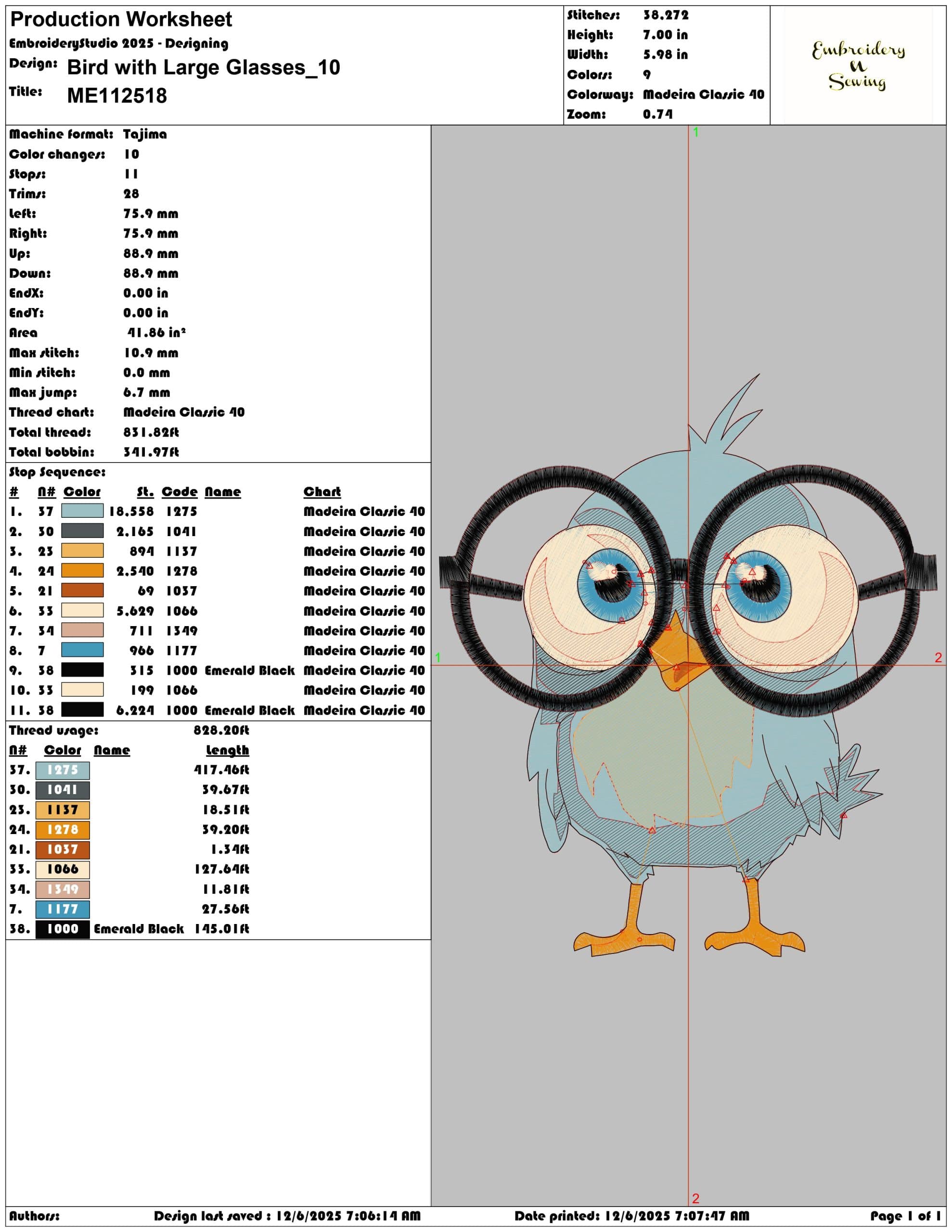 Bird with Large Glasses - Elegant embroidery design file - instant download — view 3