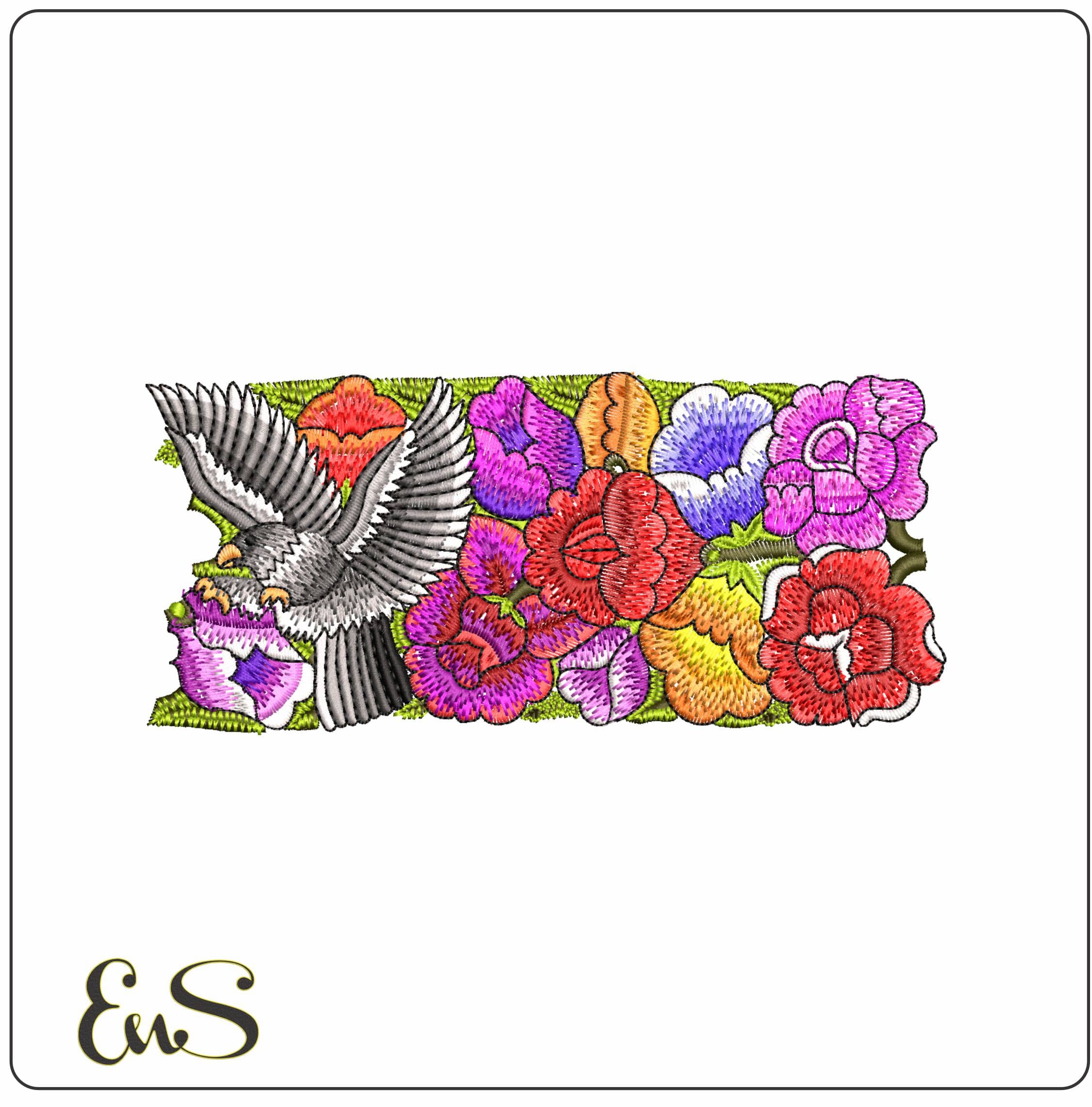 Birds with colourful flowers - Elegant embroidery design file - instant download