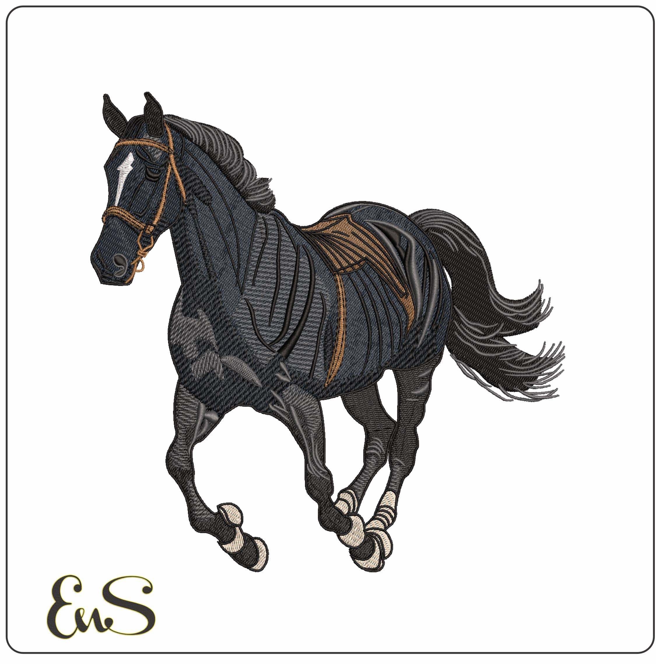 Black Horse running with Saddle - Elegant embroidery design file - instant download