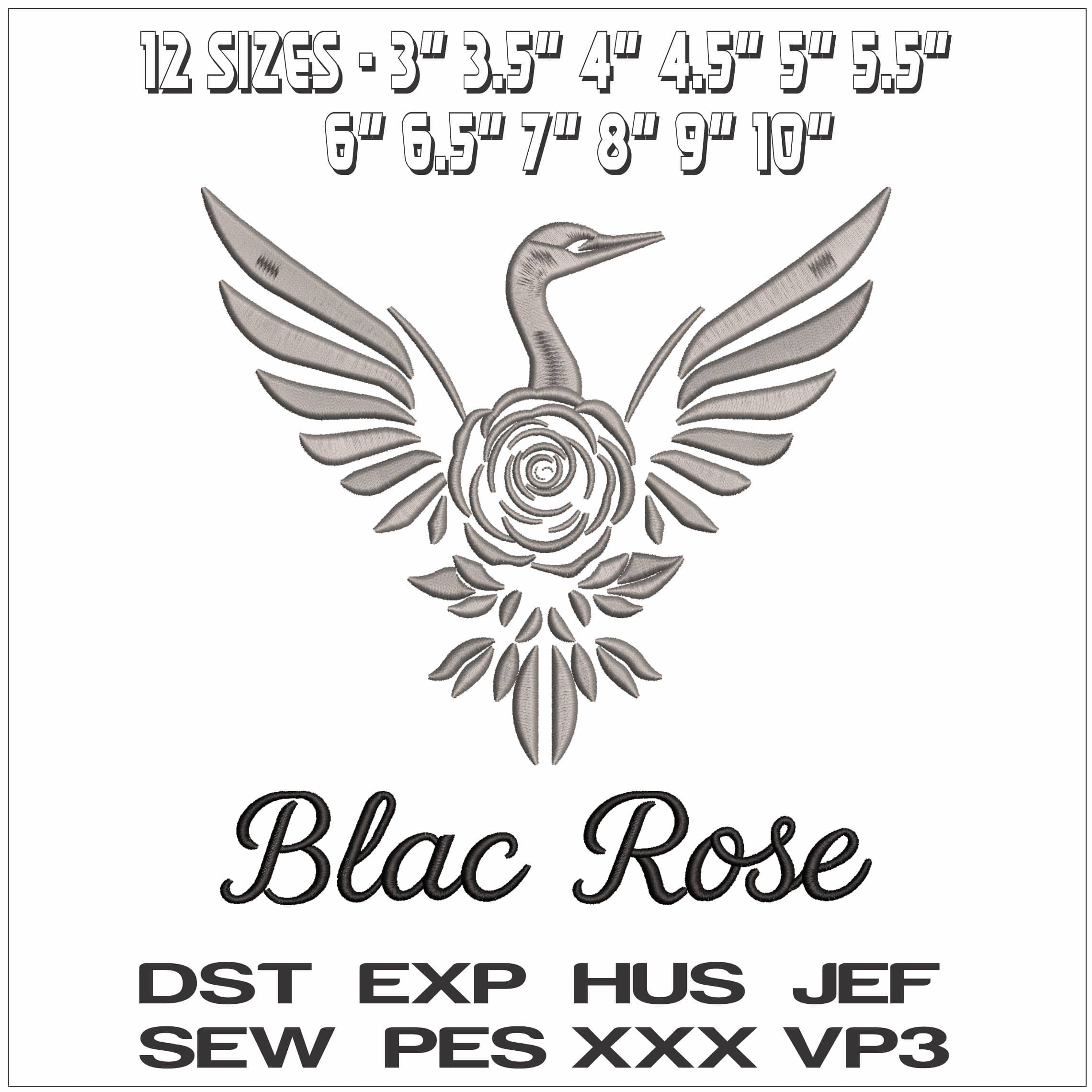 Black Rose Bird and Flower - Elegant embroidery design file - instant download — view 2