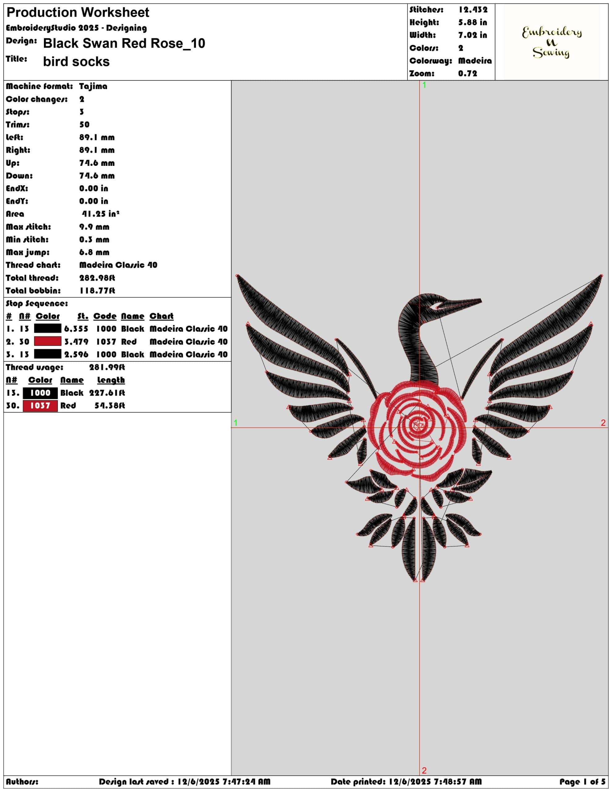 Black Swan Red Rose - Elegant embroidery design file - instant download — view 3