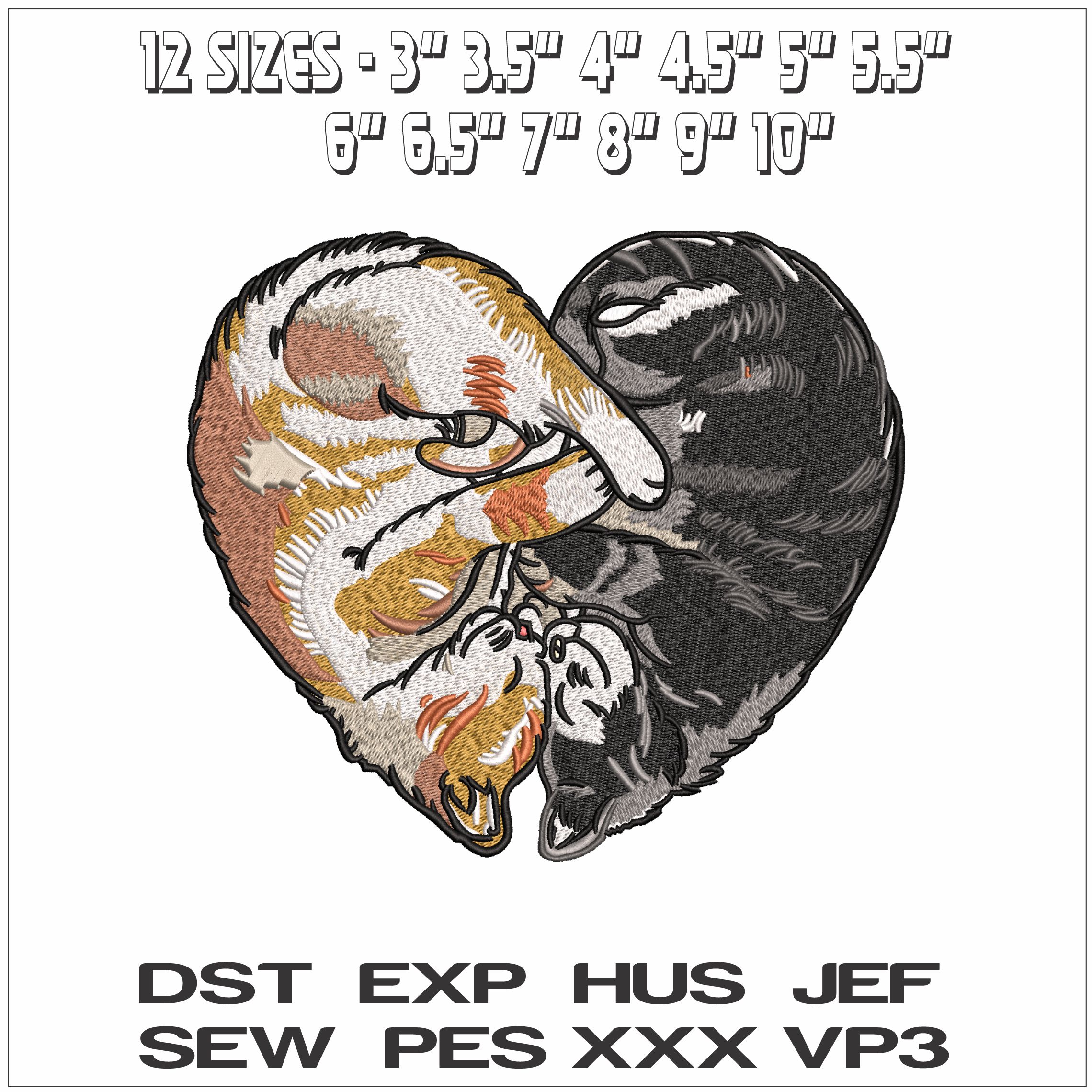 Blackand Tabby Cat Love Heart - Elegant embroidery design file - instant download — view 2
