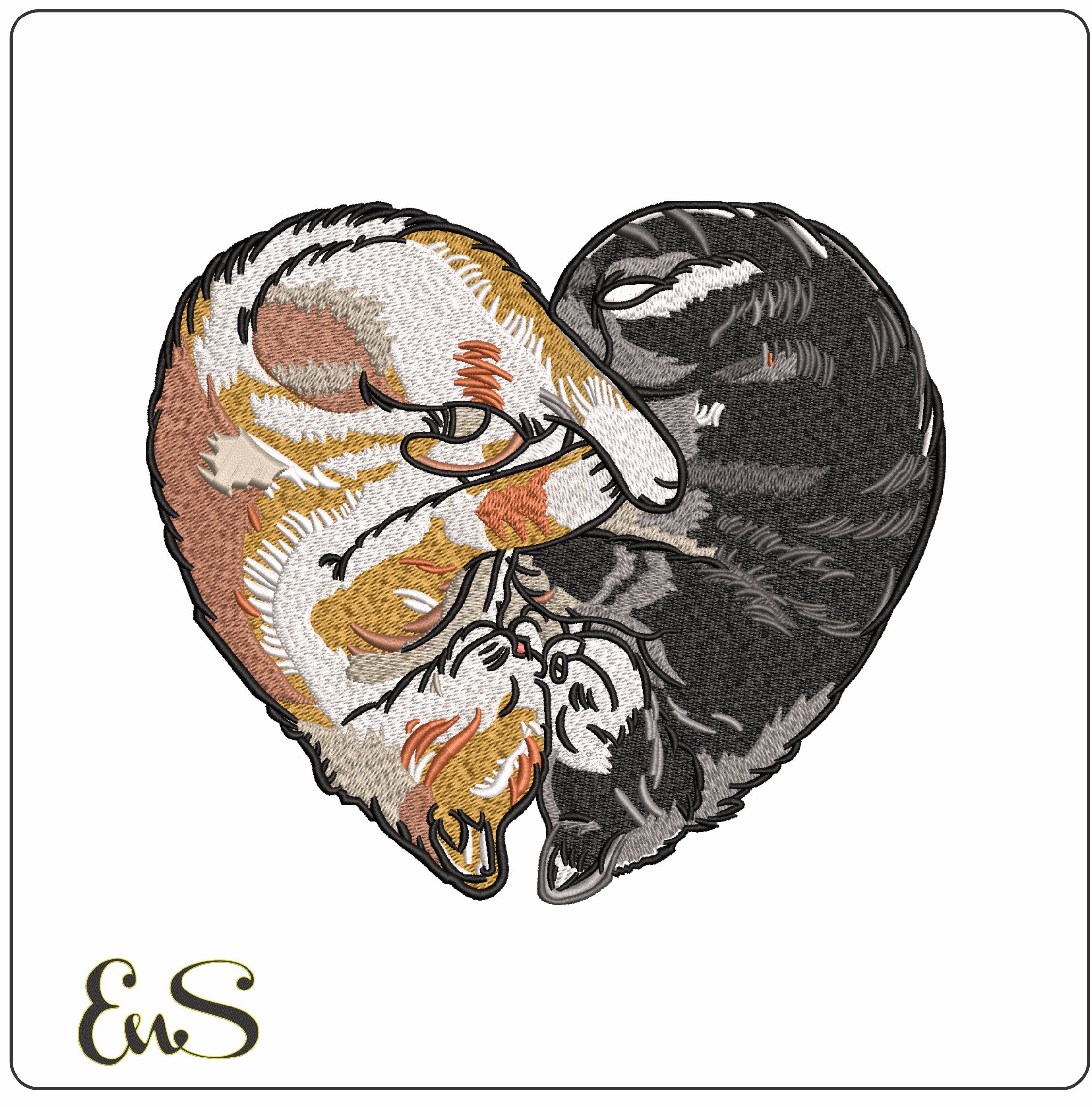 Blackand Tabby Cat Love Heart - Elegant embroidery design file - instant download