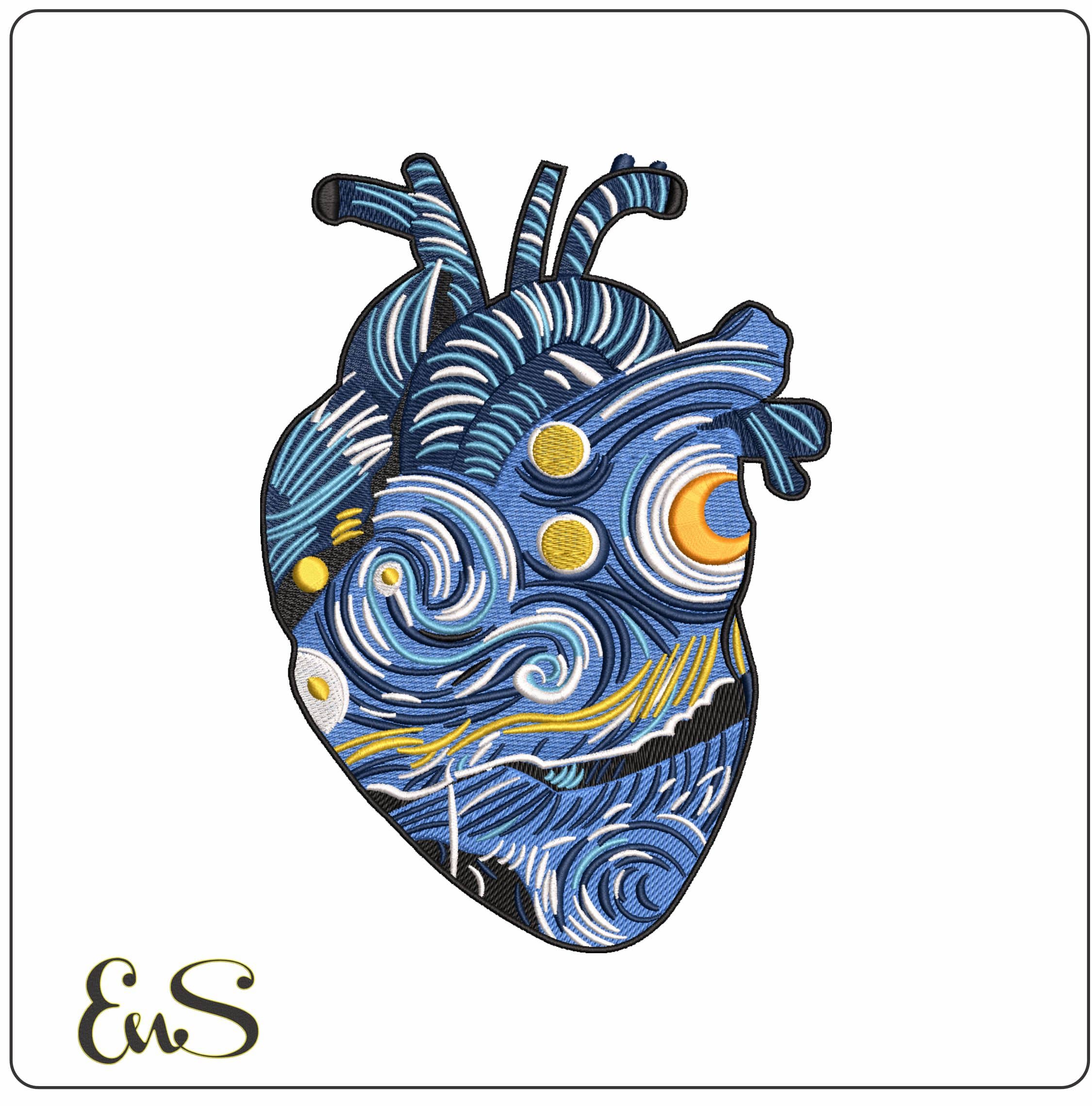 Blue Heart Van Gogh - Elegant embroidery design file - instant download