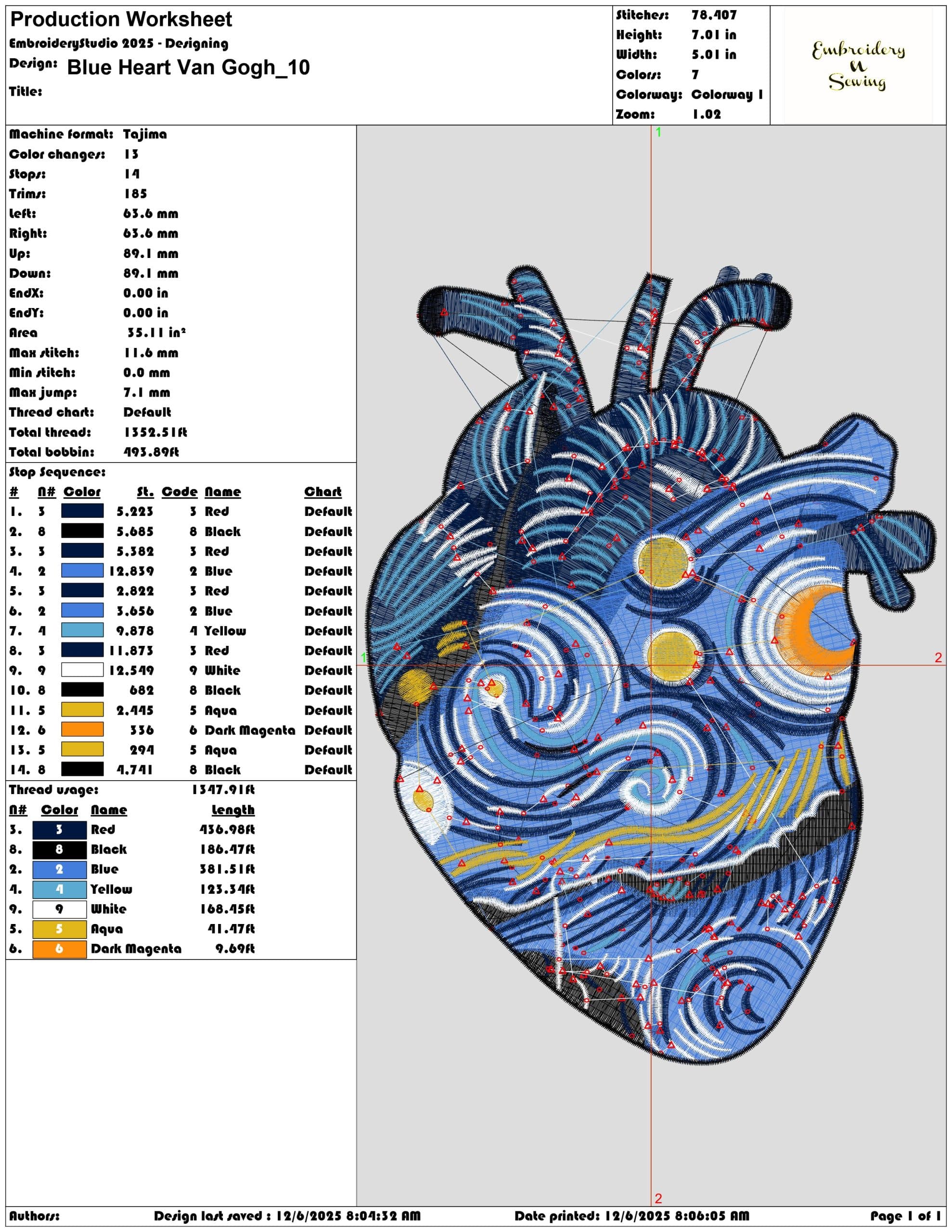 Blue Heart Van Gogh - Elegant embroidery design file - instant download — view 3