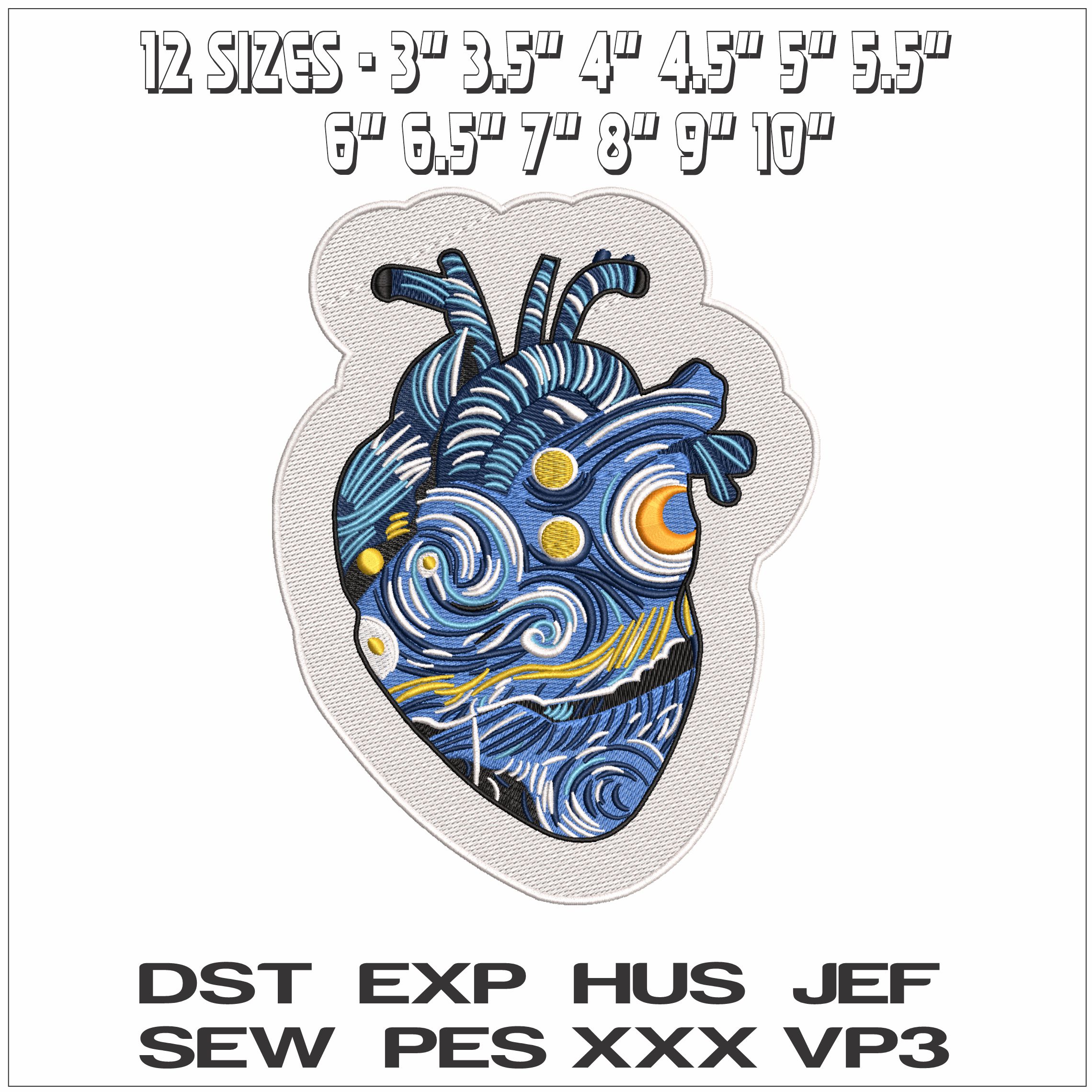 Blue Heart Van Gogh with Outline - Elegant embroidery design file - instant download — view 2