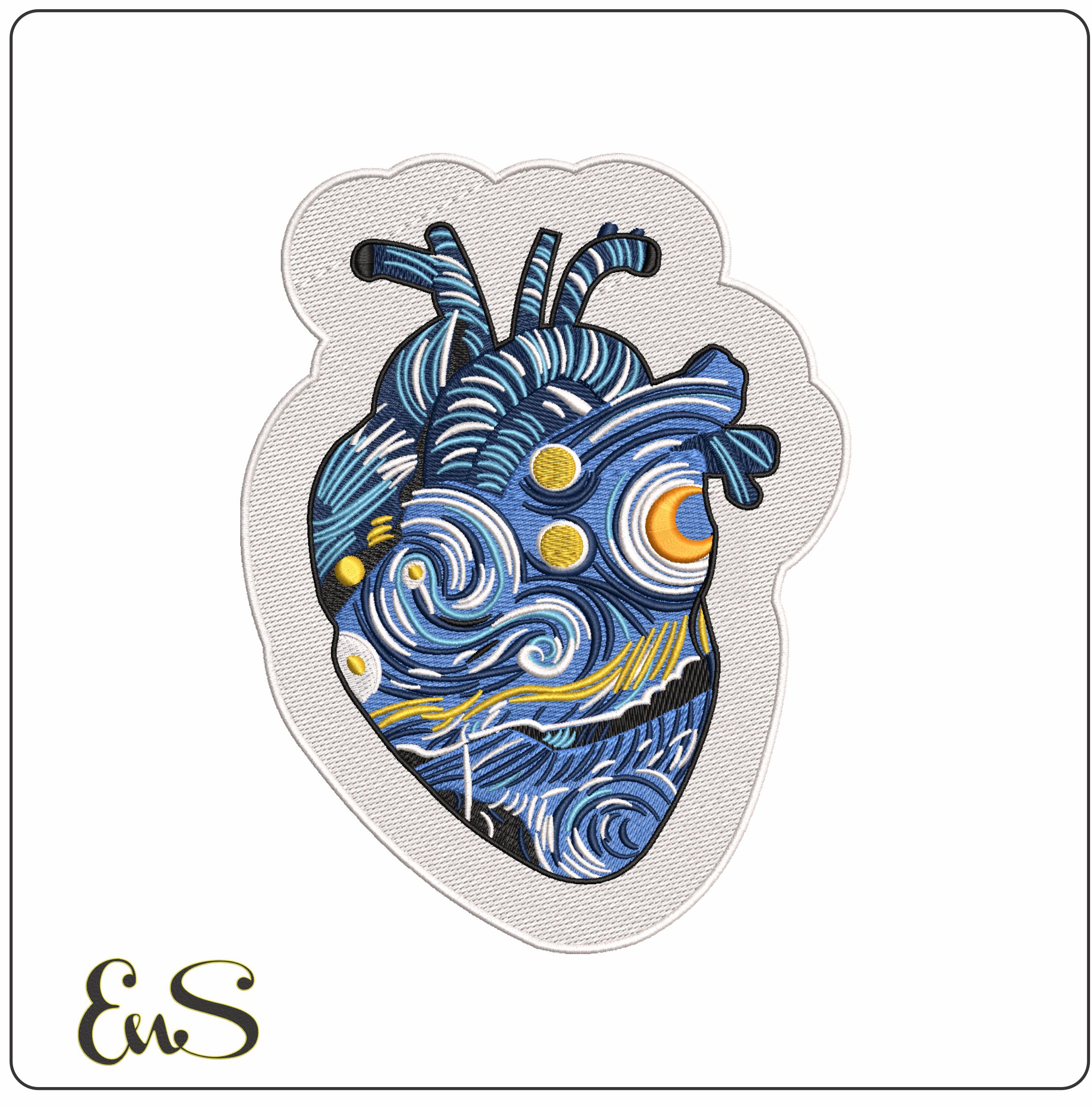 Blue Heart Van Gogh with Outline - Elegant embroidery design file - instant download