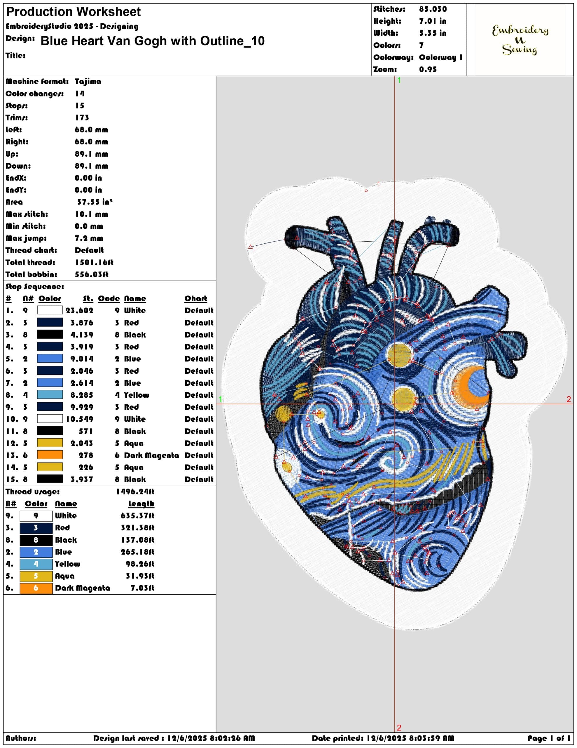 Blue Heart Van Gogh with Outline - Elegant embroidery design file - instant download — view 3