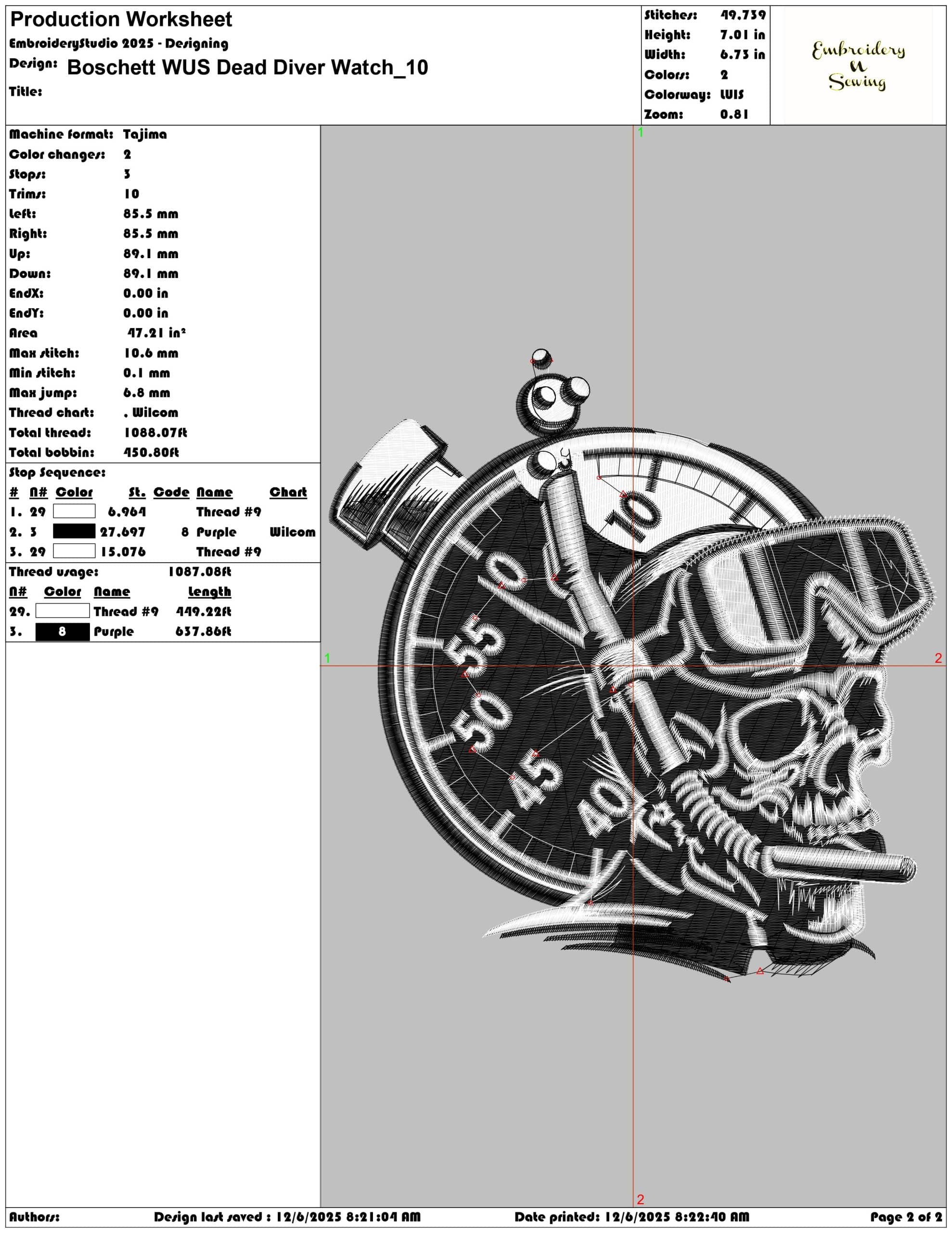 Boschett WUS Dead Diver Watch - Elegant embroidery design file - instant download — view 3