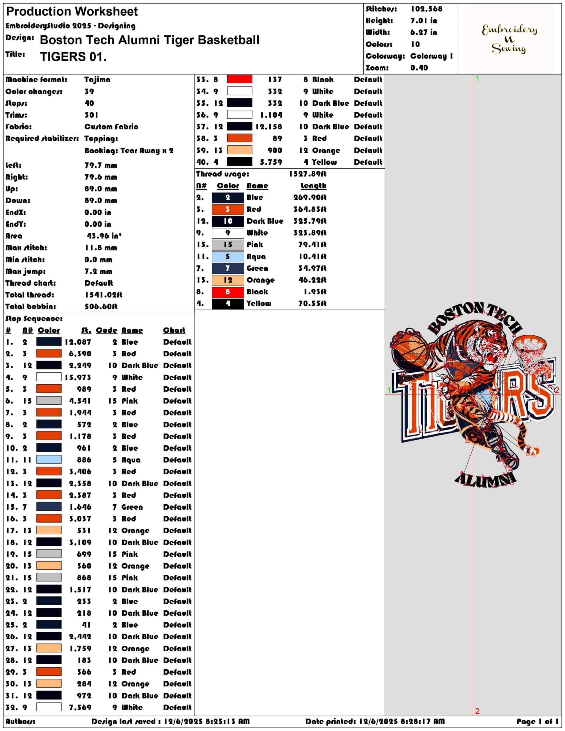 Boston Tech Alumni Tiger Basketball - Elegant embroidery design file - instant download — view 3