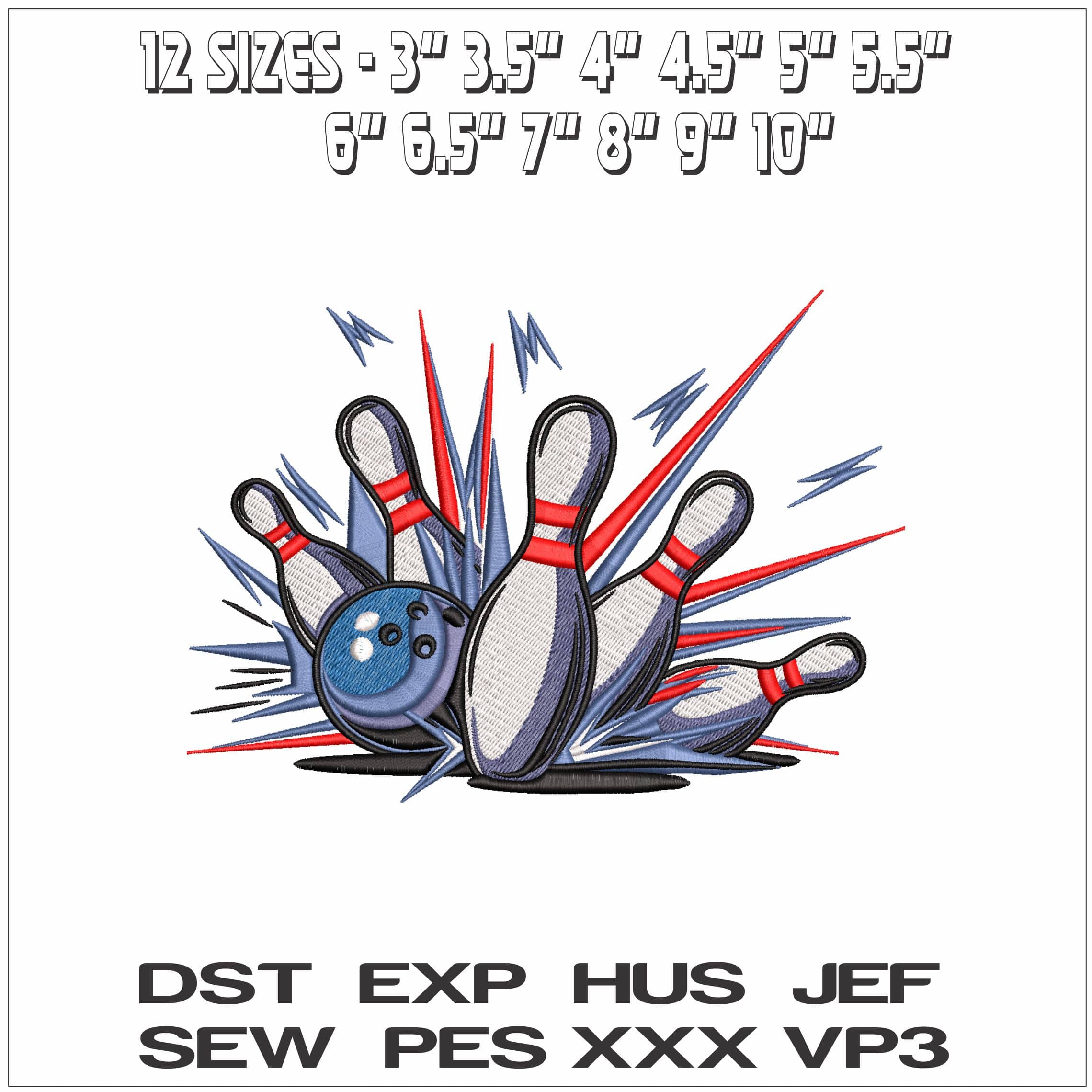 Bowling Pins and Ball Strike - Elegant embroidery design file - instant download — view 2