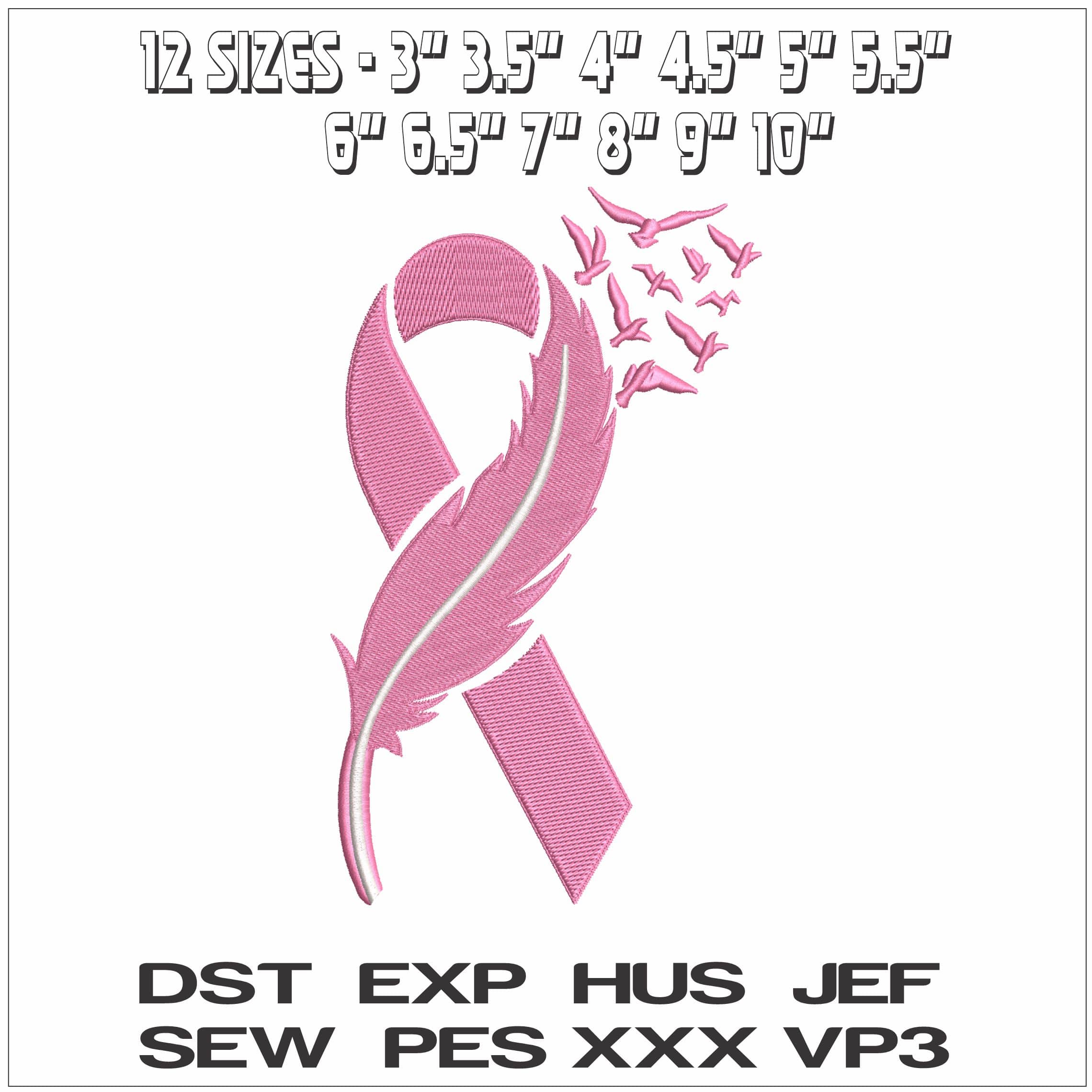 Breast Cancer with Feather and birds - Elegant embroidery design file - instant download — view 2