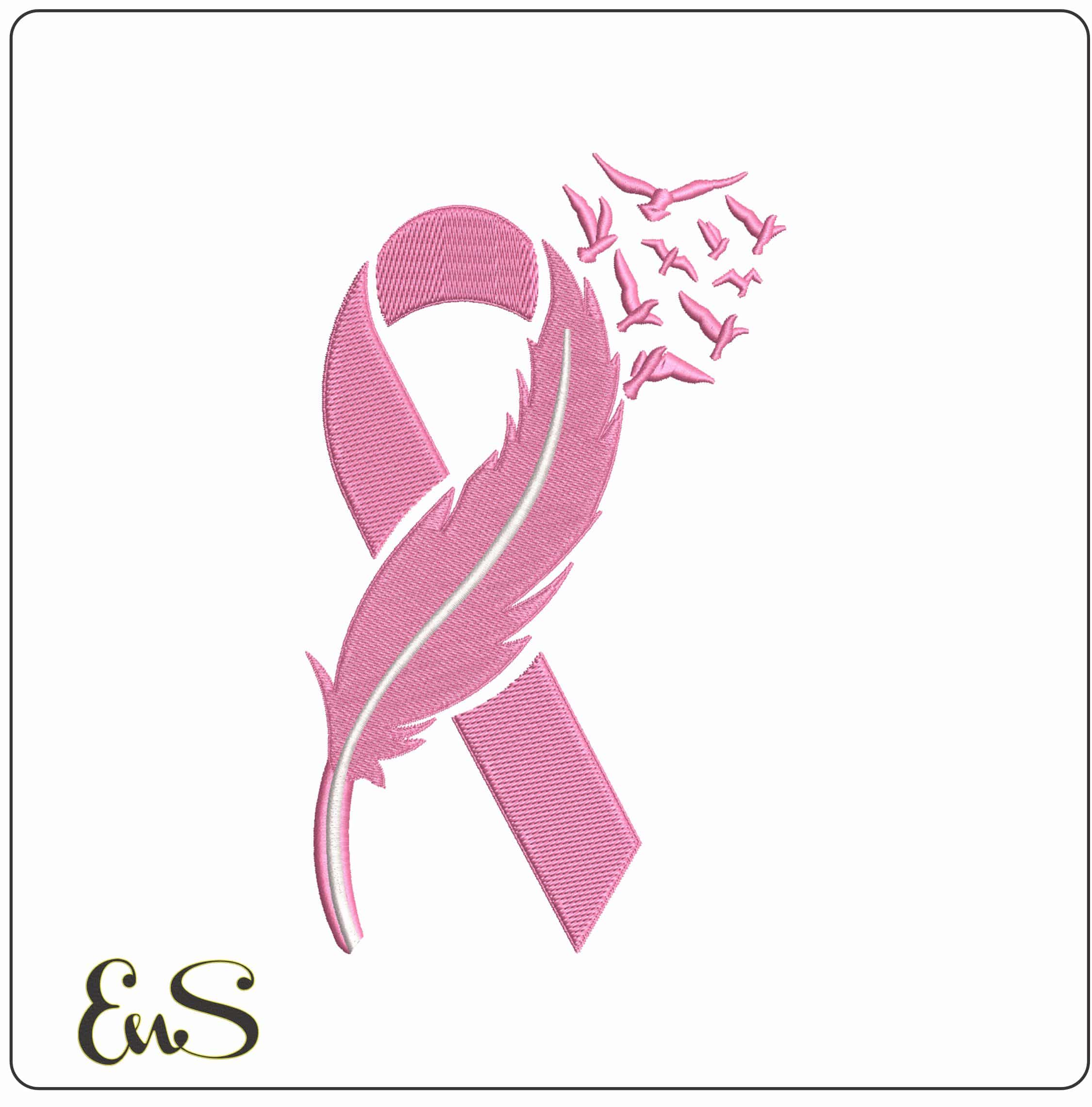Breast Cancer with Feather and birds - Elegant embroidery design file - instant download