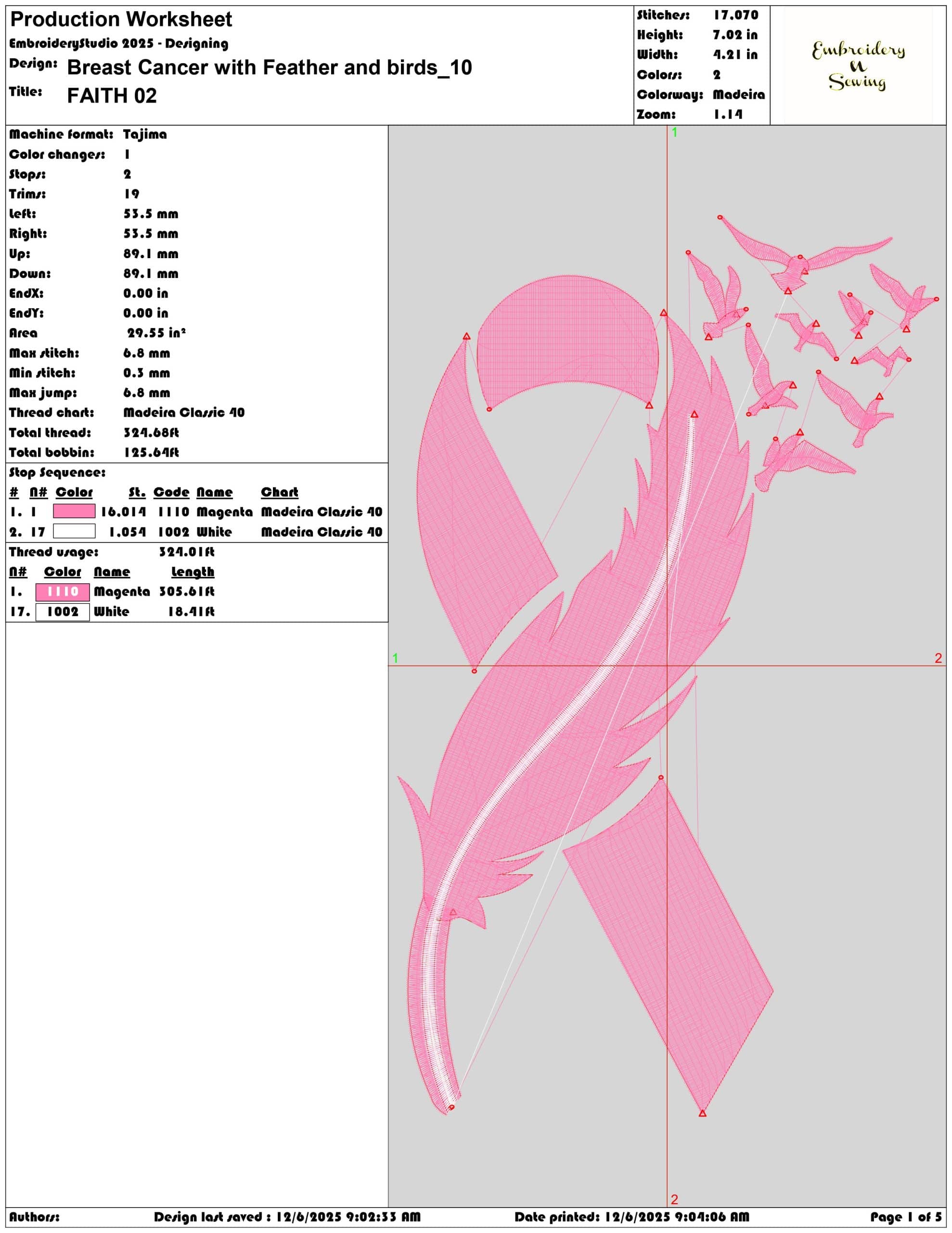 Breast Cancer with Feather and birds - Elegant embroidery design file - instant download — view 3