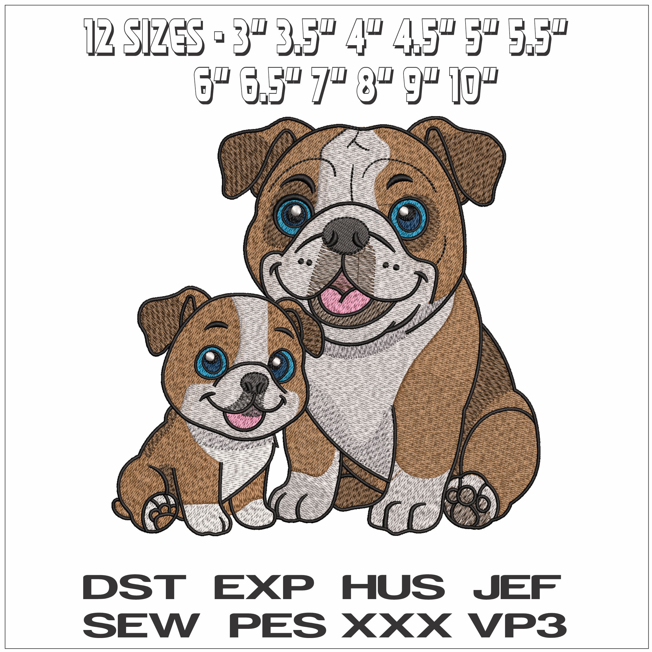 Bulldog and Puppy Cartoon - Elegant embroidery design file - instant download — view 2
