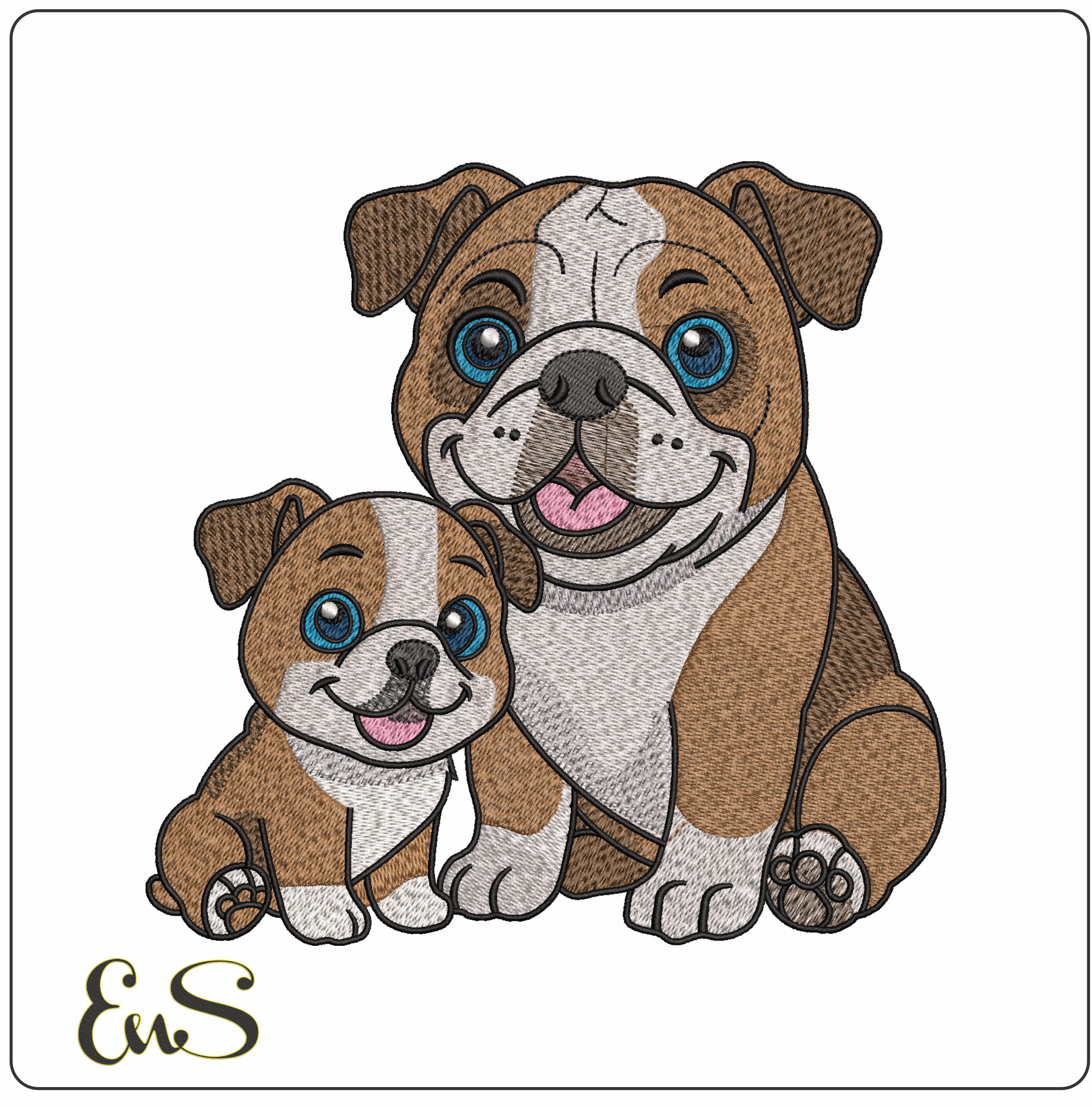 Bulldog and Puppy Cartoon - Elegant embroidery design file - instant download