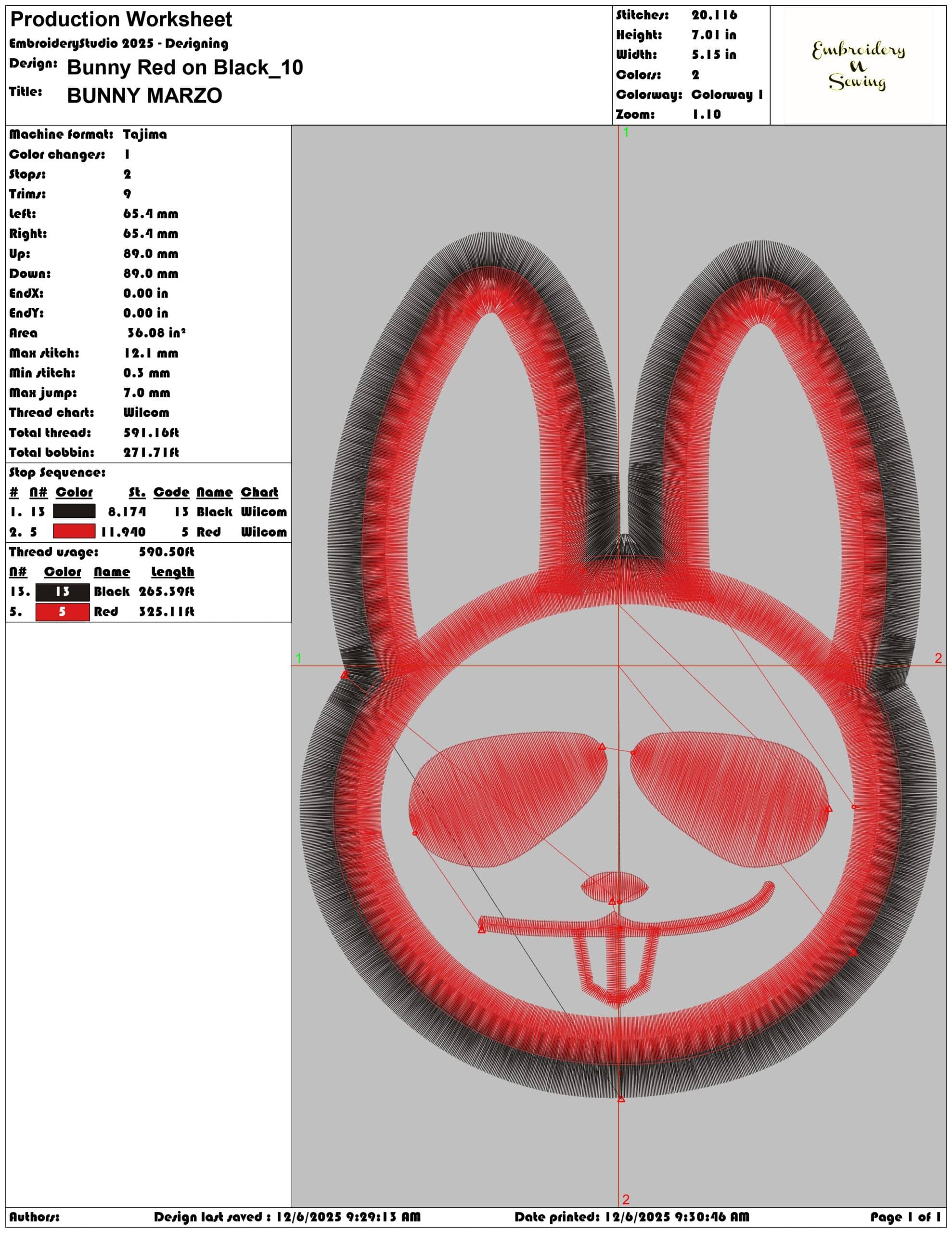 Bunny Red on Black - Elegant embroidery design file - instant download — view 3