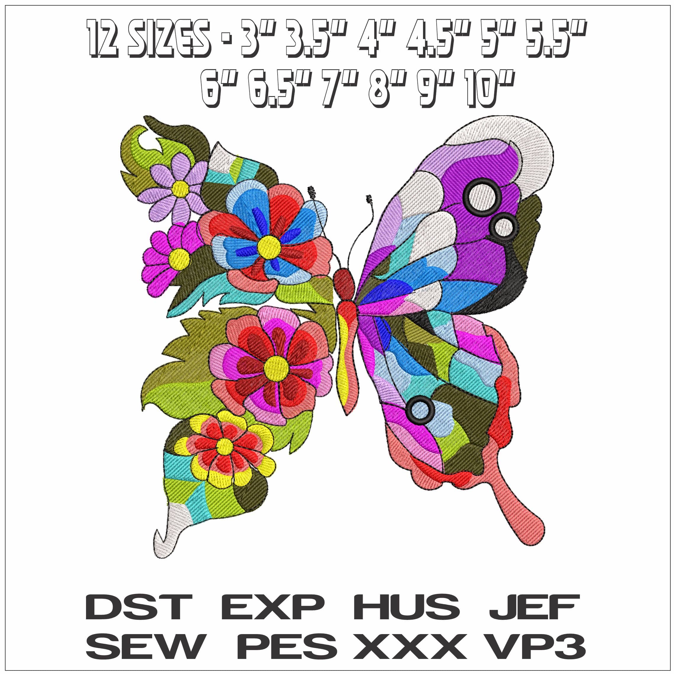 Butterfly colorful and flowers- Elegant embroidery design file - instant download — view 2